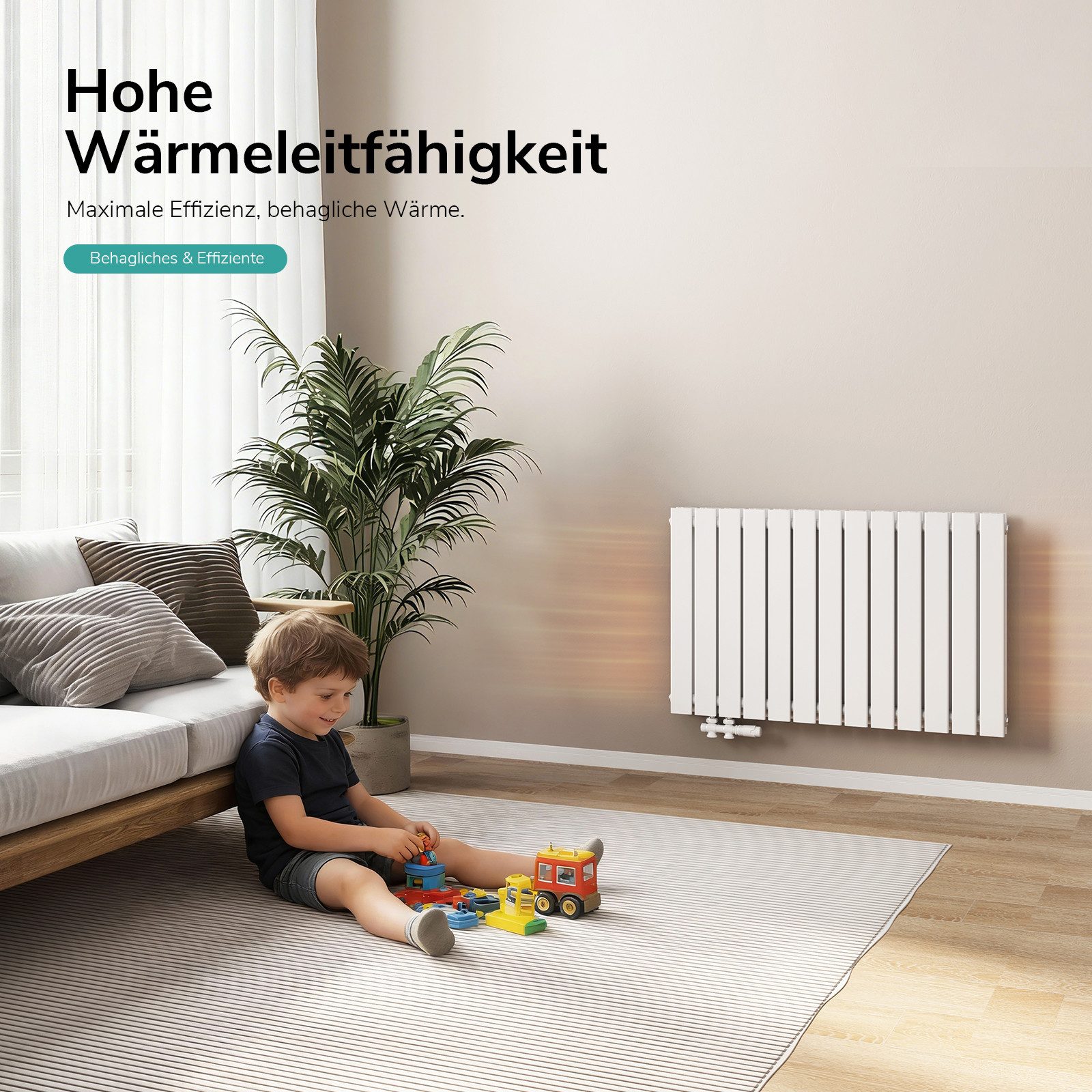 EMKE Heizkörper Doppellagig Flach Horizontal Design Paneelheizkörper, Seitenanschluss Weiß 805W für 7qm Raum