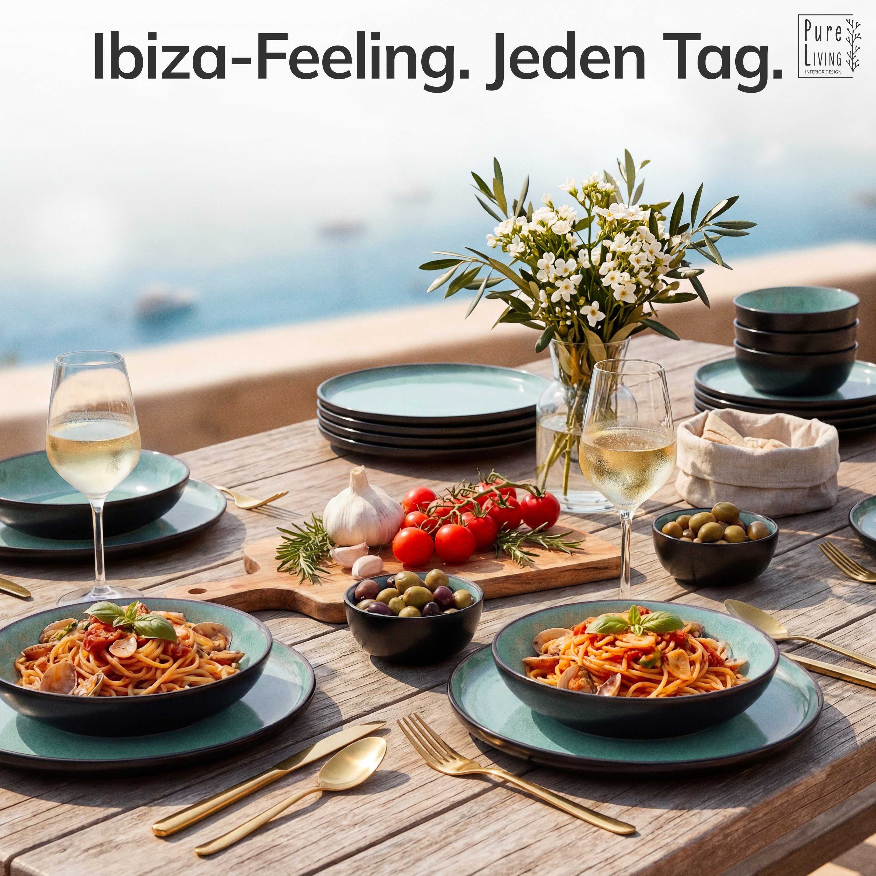 PURE LIVING INTERIOR DESIGN Geschirr-Set Pure Living »Ibiza« (24-tlg), 6 Personen, Steingut, Salbeigrün, 6 Personen, Steingut, Mediterrane Handwerksoptik, Reaktive Glasur – jedes Stück einzigartig…