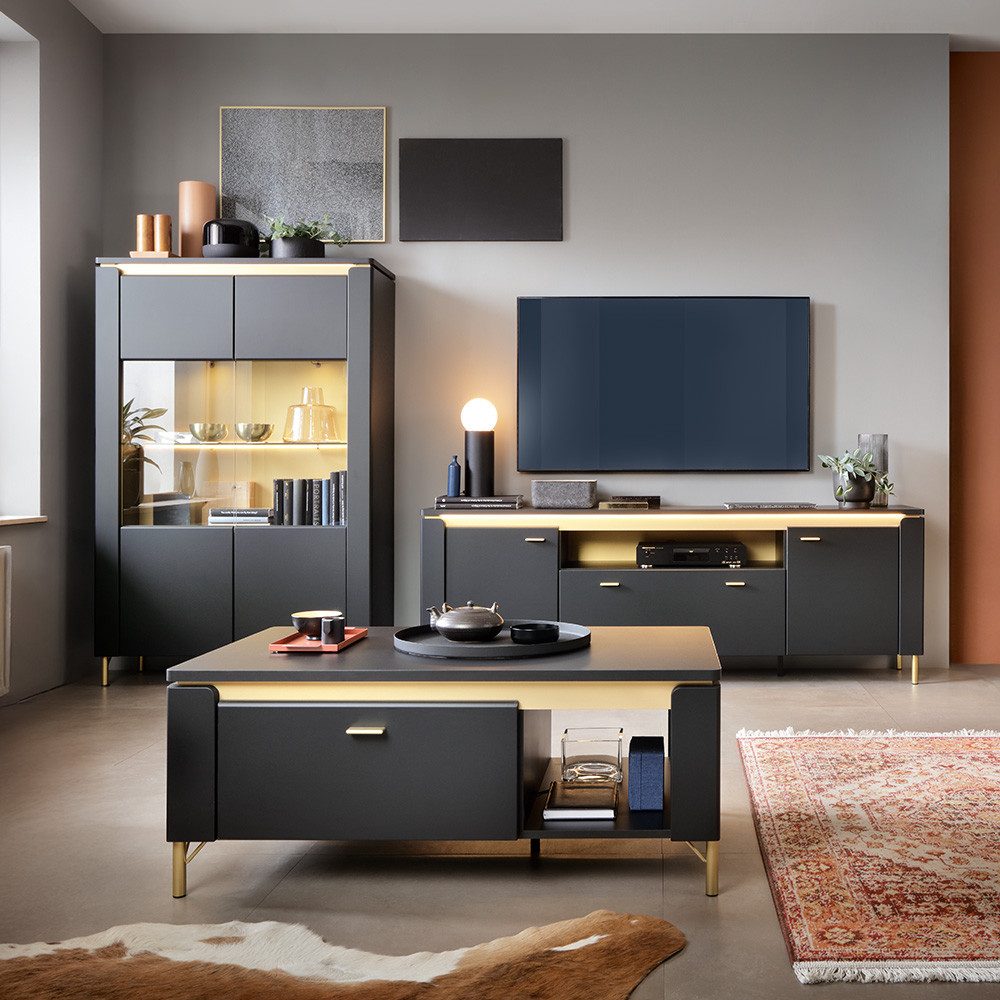 Lomadox Wohnzimmer-Set NOLA-129, (Mega-Spar-Set, 3-St., Vitrinenschrank Fernsehschrank Couchtisch), schwarz matt mit goldfarbenen Akzenten
