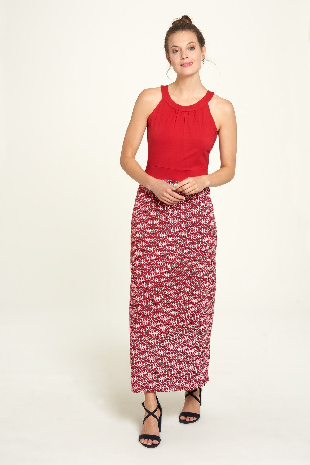 Maxikleid Sommer Kleid Rot Maxi Flower Neckholder Bio Baumwolle XS