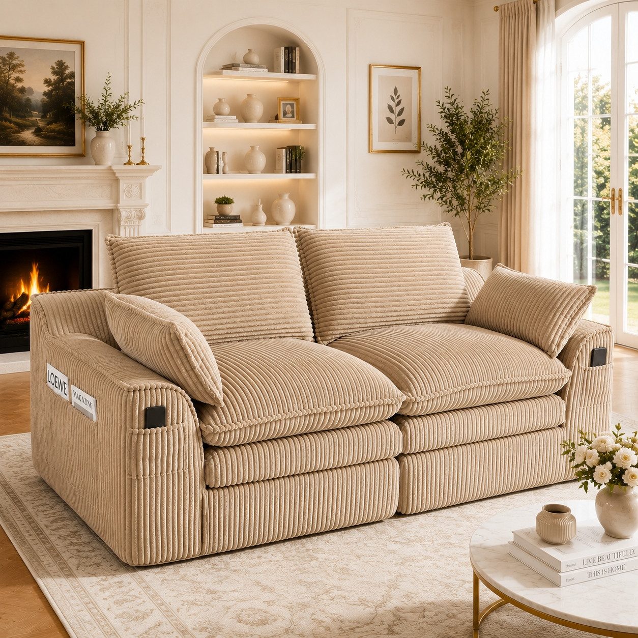 BlingBin 2-Sitzer Modulares 2-Sitzer-Cordsofa mit Kissen und großen Seitentasche, 1er Set 2 Teile, Modern Polstersofa Polstercouch mit Armlehnen und 2 Gemütlichen Kissen