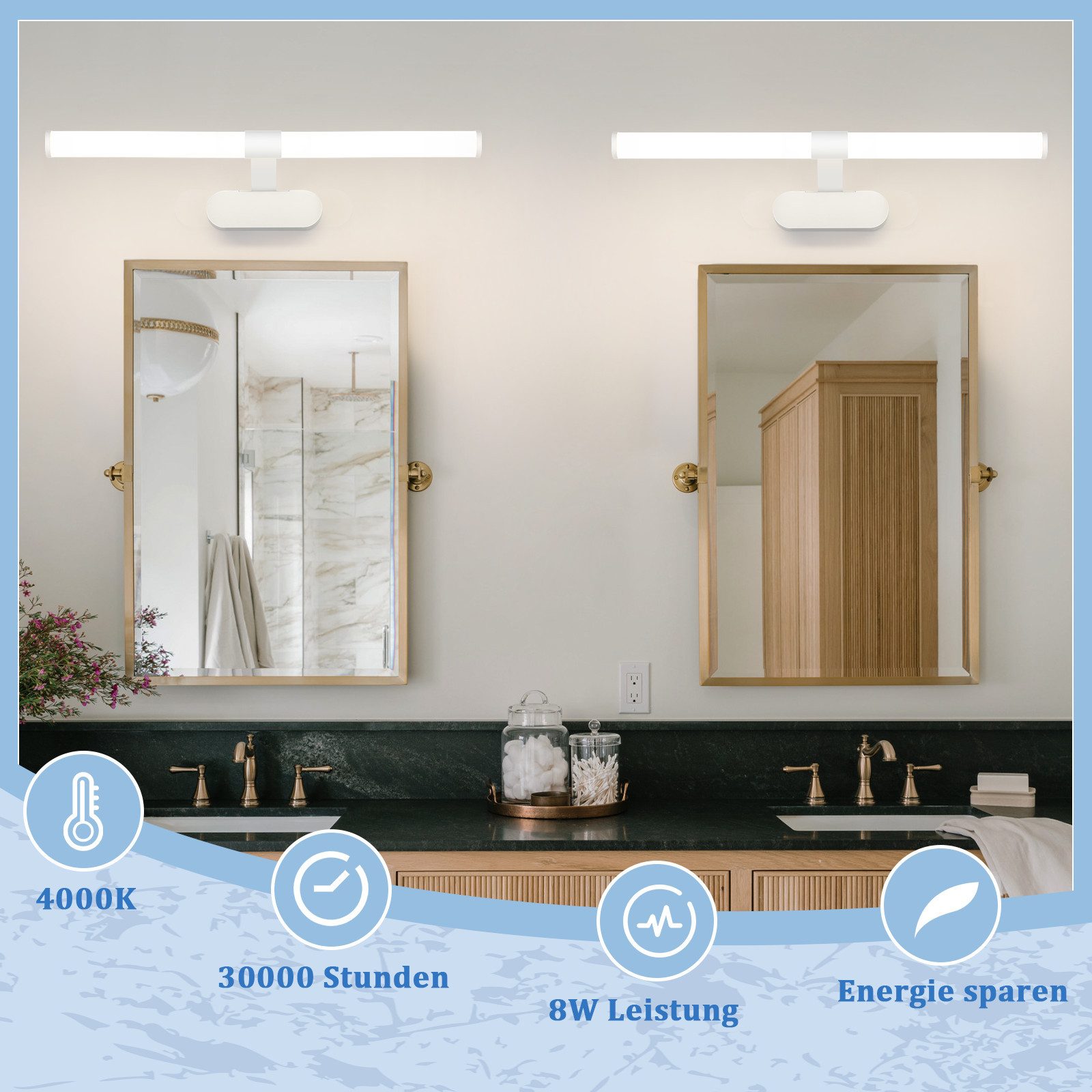 ZMH LED Spiegelleuchte 60CM Schwarz/Weiß Modern Wandlampe 8W für schrank, Augenschutz Design, LED fest integriert, 4000K