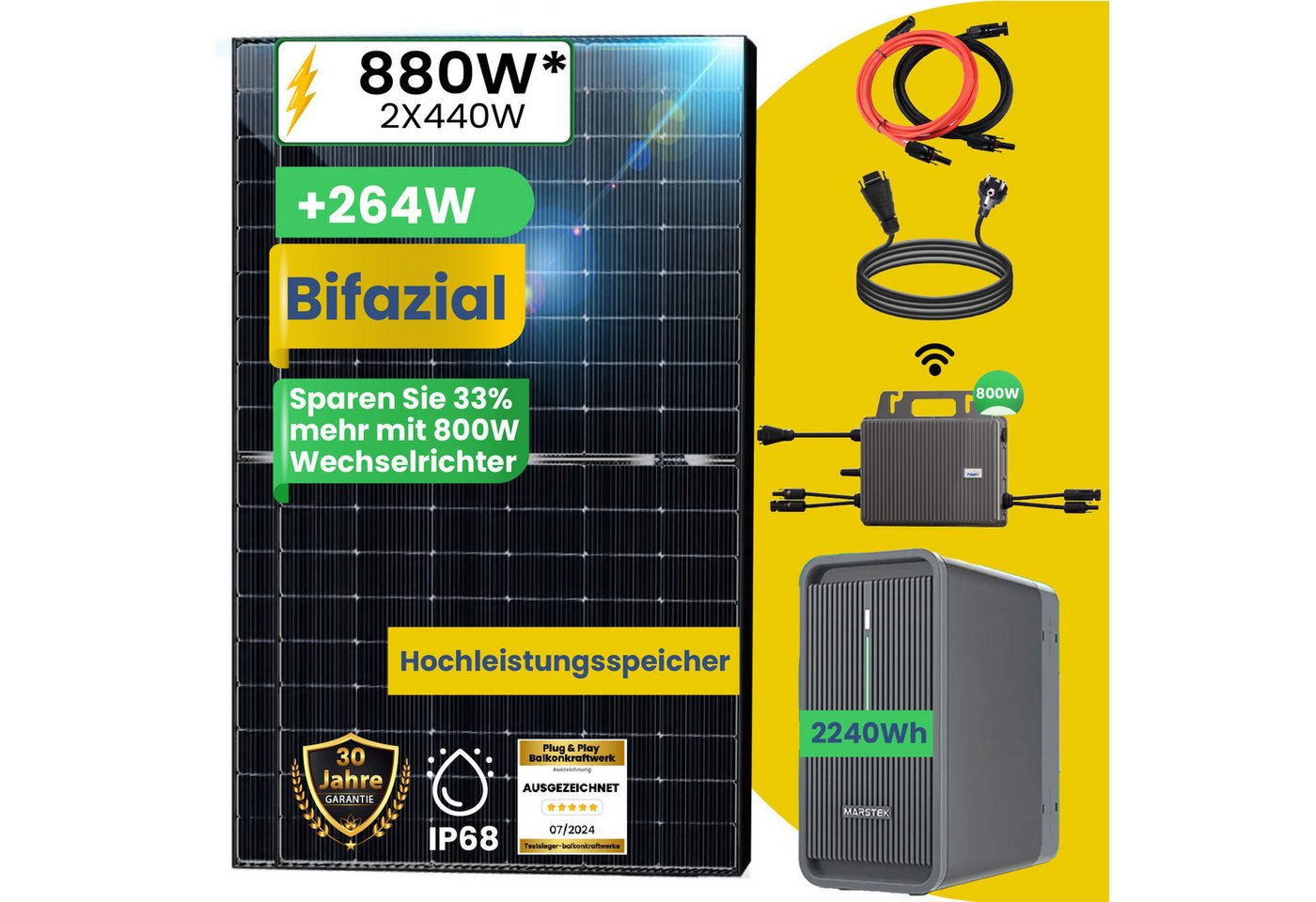 Thumbnail - Stegpearl Balkonkraftwerk 880W Balkonkraft Komplettset mit 2,24 kWh Marstek B2500-D Speicher, 880,00 W, Monokristallin, ...