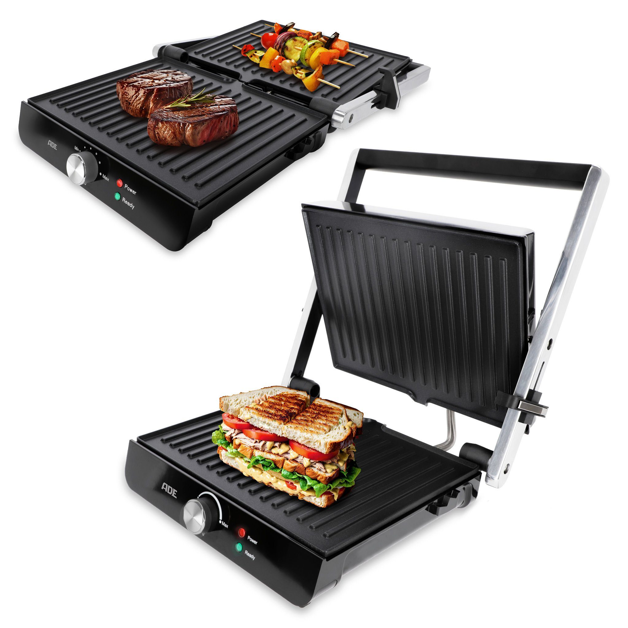 ADE Kontaktgrill 3-in-1 Sandwichmaker, Paninitoaster und Tischgrill, 180° aufklappbar, 2000,00 W, Plattengriller mit Antihaftbeschichtung, undTemperaturregelung