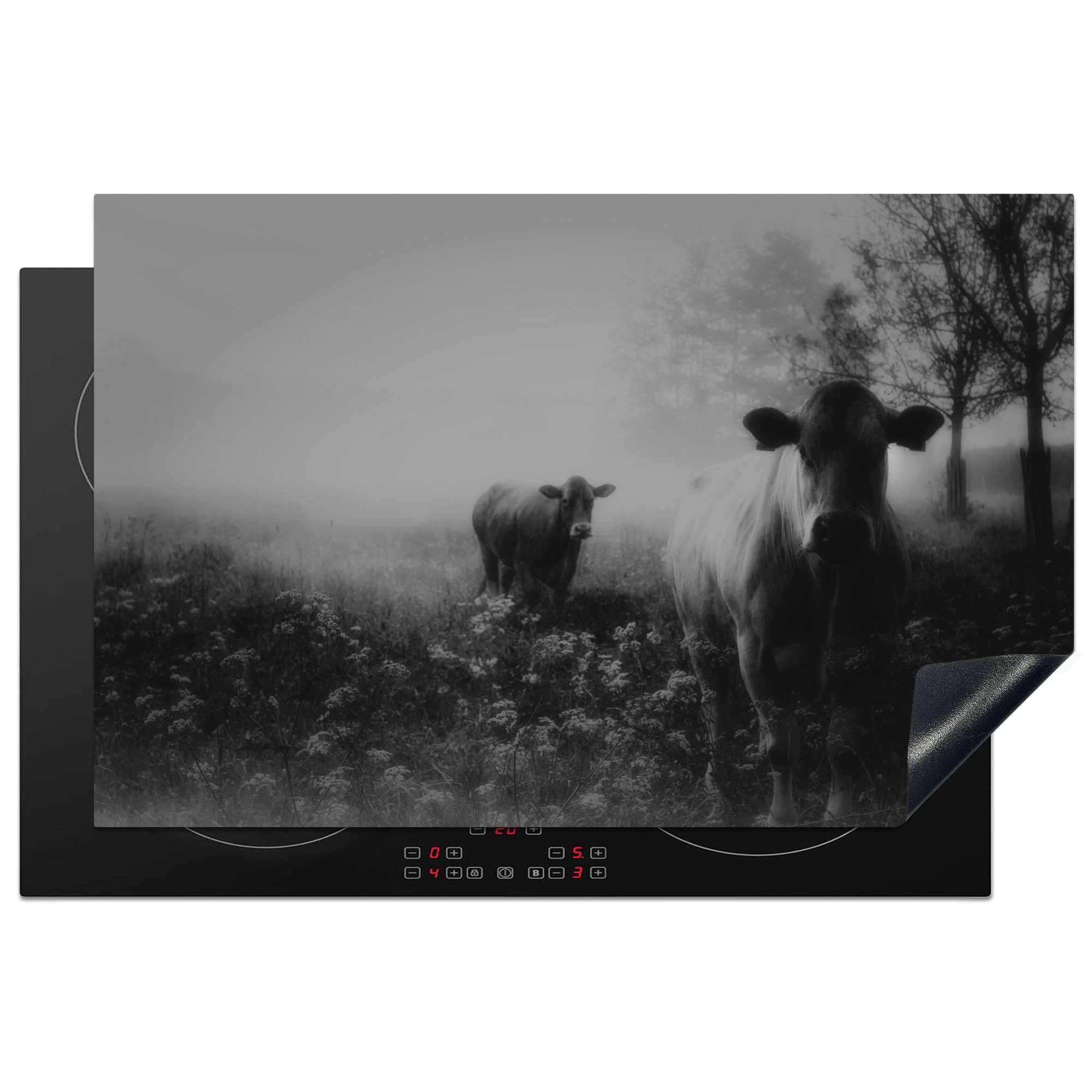 MuchoWow Herdblende-/Abdeckplatte Kühe - Blumen - Nebel, Vinyl, (1 tlg), 81x52 cm, Induktionskochfeld Schutz für die küche, Ceranfeldabdeckung