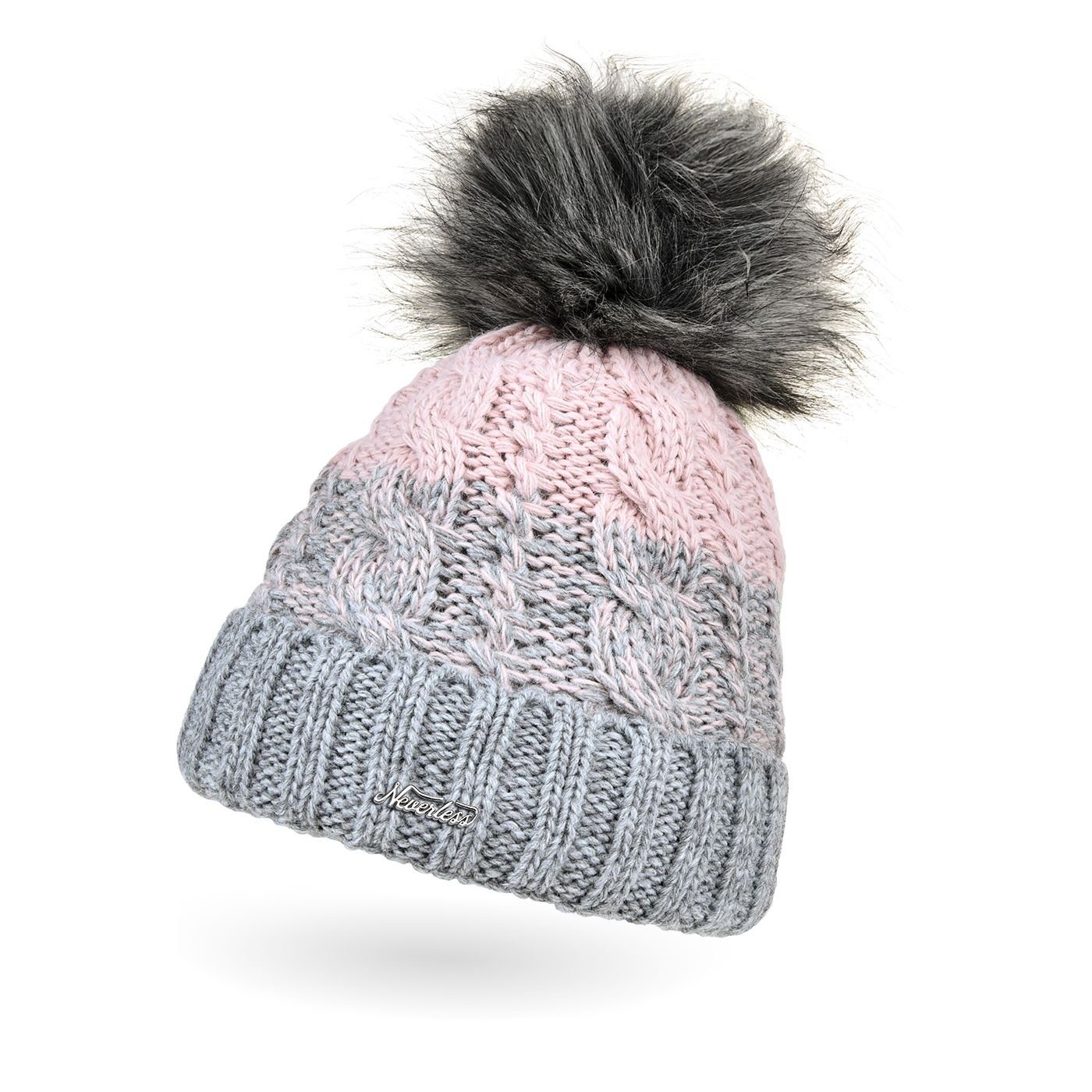 Bommelmütze Damen Strick-Mütze gefüttert Fleece-Innenfutter Fell-Bommel Kunstfell