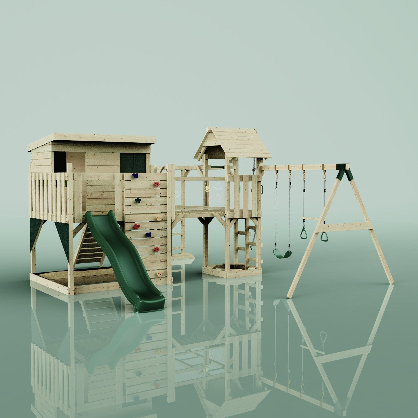 OutdoorToys Spielturm Johanna, aus Holz in Dunkelgrün mit Trapezschaukel mit Rutsche