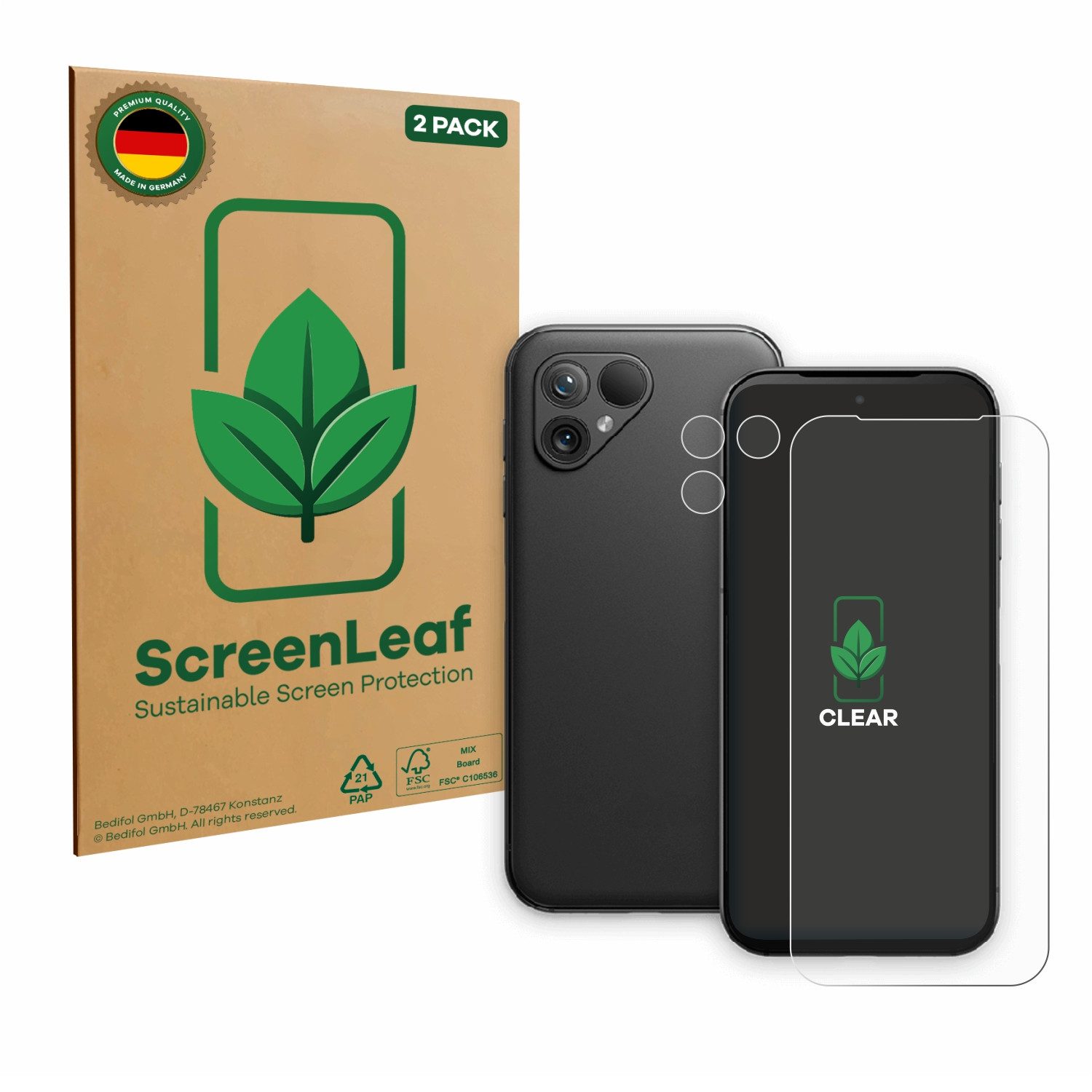 ScreenLeaf Displayschutzfolie Schutzfolie für Fairphone 5 (Display+Kamera), 2 Stück, nachhaltiger Displayschutz Schutz Folie Klar Transparent