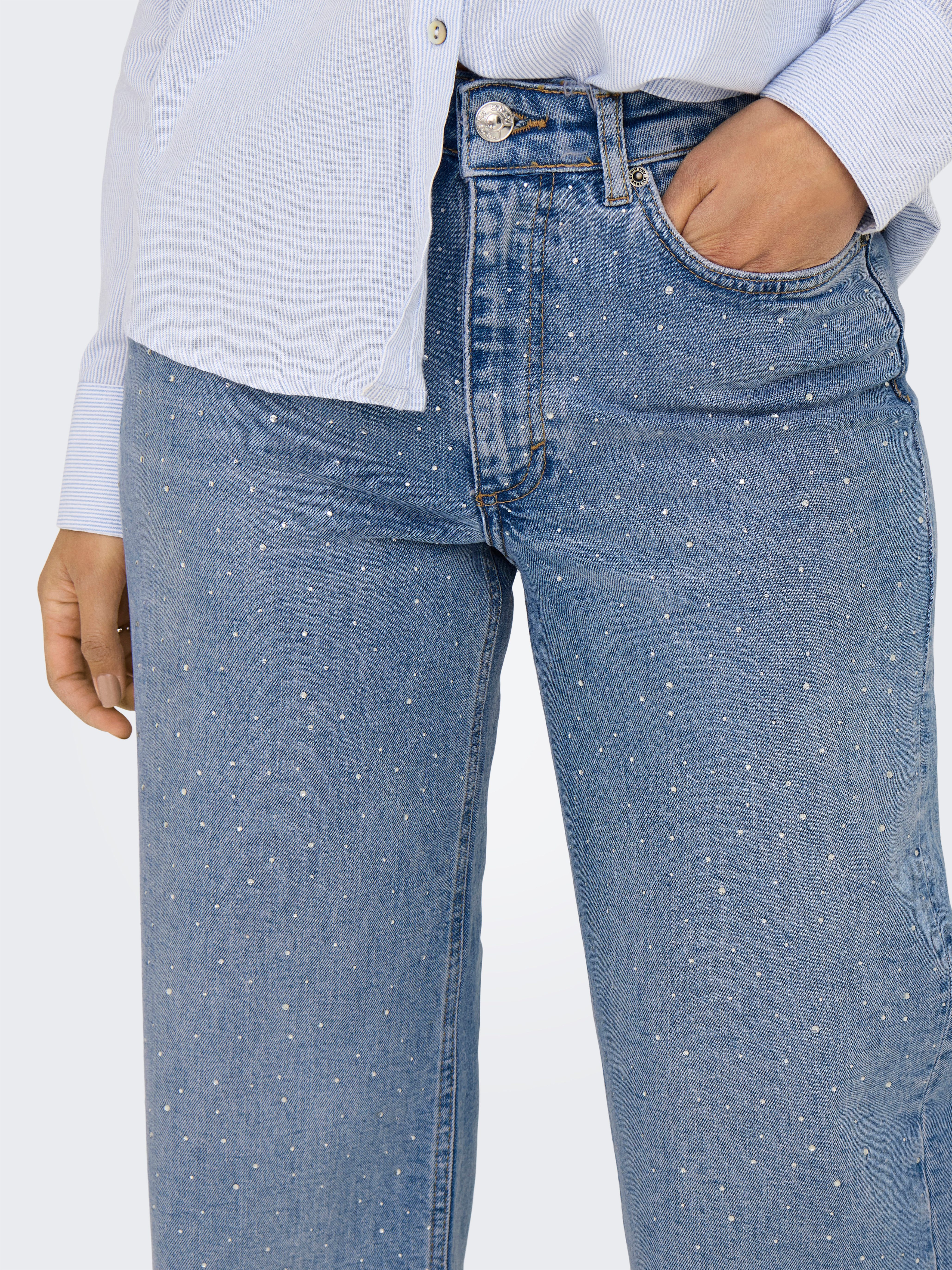 ONLY High-waist-Jeans ONLJUICY HW RHINESTONE WIDE REA365 DNM Baumwollmischung, Pailletten-Details, high waist, wide fit
