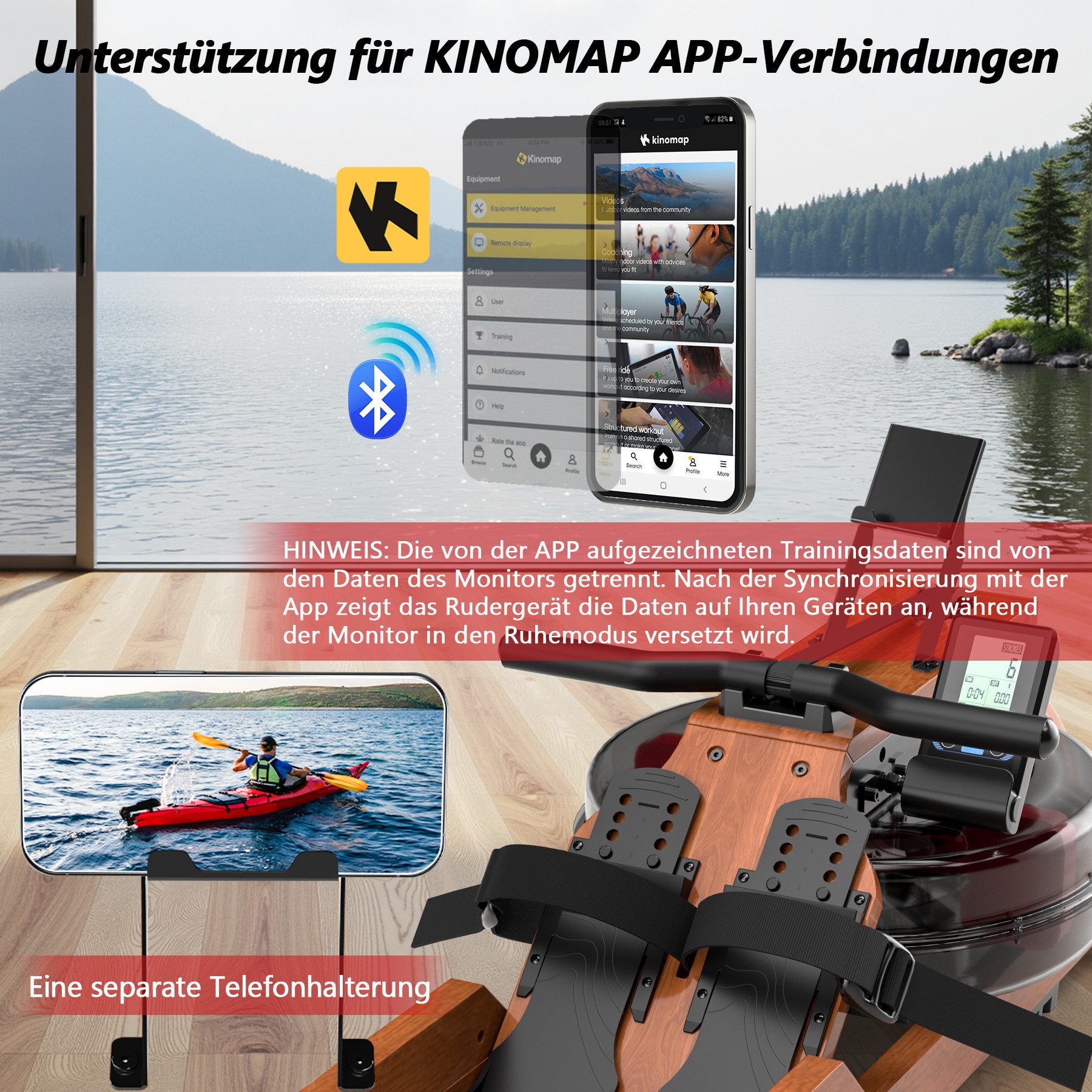 Wenoker Rudergerät hochwertiges Faltbares Wasserrudergerät aus Massivholz für Zuhause (1-tlg), mit Bluetooth-Monitor & Tablet-Halter, bis 150 kg belastbar