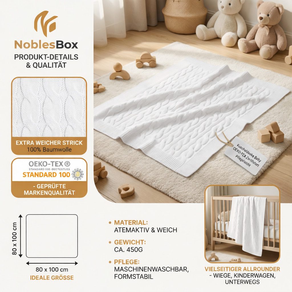 Babydecke NoblesBox Baby Kuscheldecke - OEKO-TEX - Weich für Wiege & Kinderwagen, NoblesBox, Strickdecken in verschiedenen Farben, 100cm x 80cm