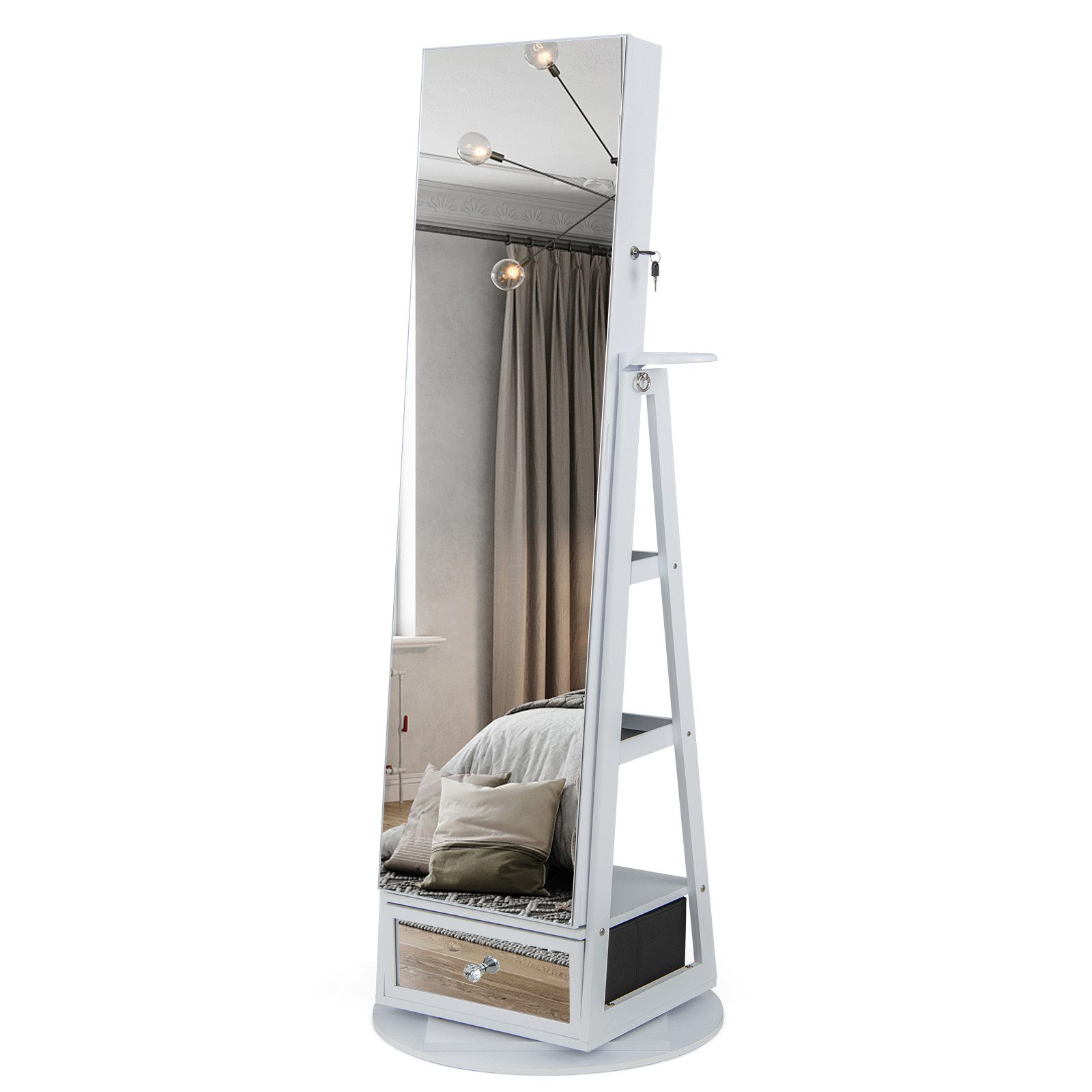 COSTWAY Schmuckschrank mit Spiegel, LED & 3 Ablagen, drehbar & abschließbar