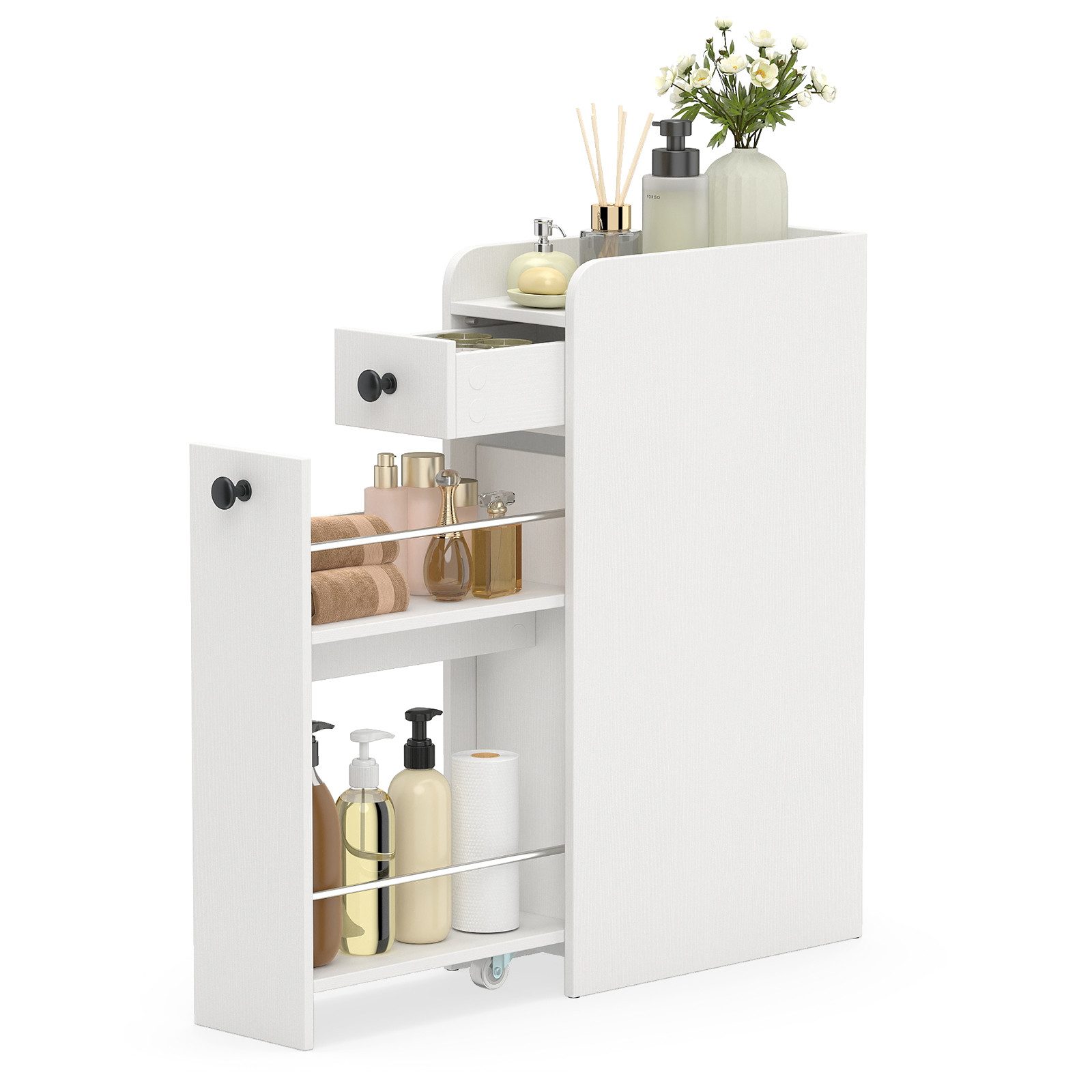 KOMFOTTEU Badkommode, schmaler Badschrank mit Universalrollen, 2 Schubladen