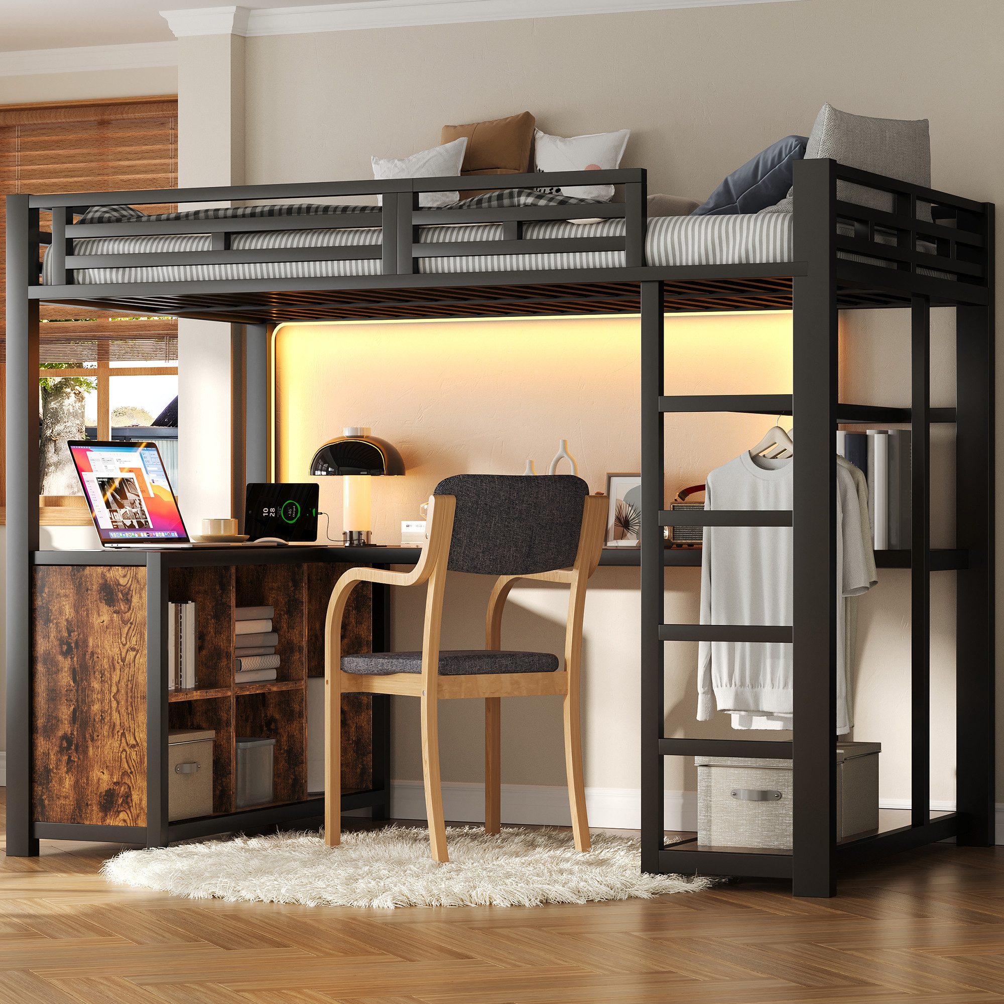 REDOM Hochbett mit integriertem Schreibtisch (LED-Beleuchtung & USB-Anschlüssen, platzsparend für Kinderzimmer, Jugendliche und Studenten, 1-St., 208 x 148 x 170)