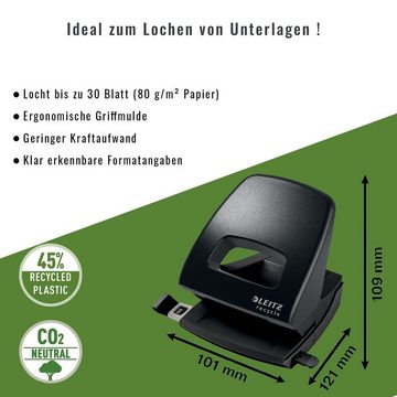 LEITZ Lochstanzer Recycle Locher, 100% recycelbar, ergonomische Griffmulde, erkennbare Formatangaben