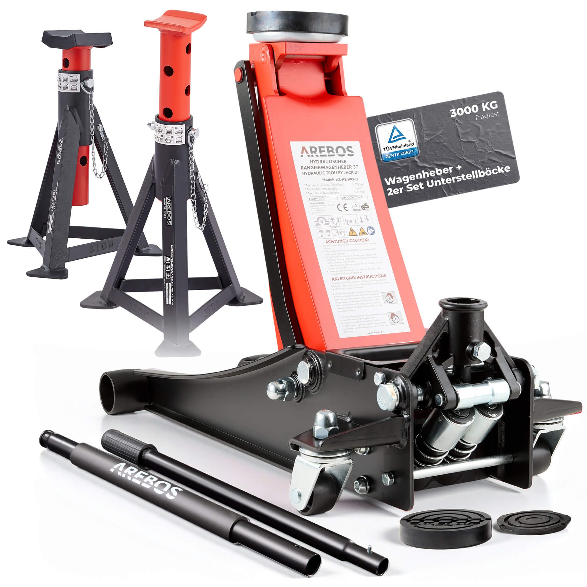Arebos Тележка домкрат 3T Hydraulischer Домкрат flach 2x Unterstellbock 3T 3x Gummiauflage, 3-tlg.