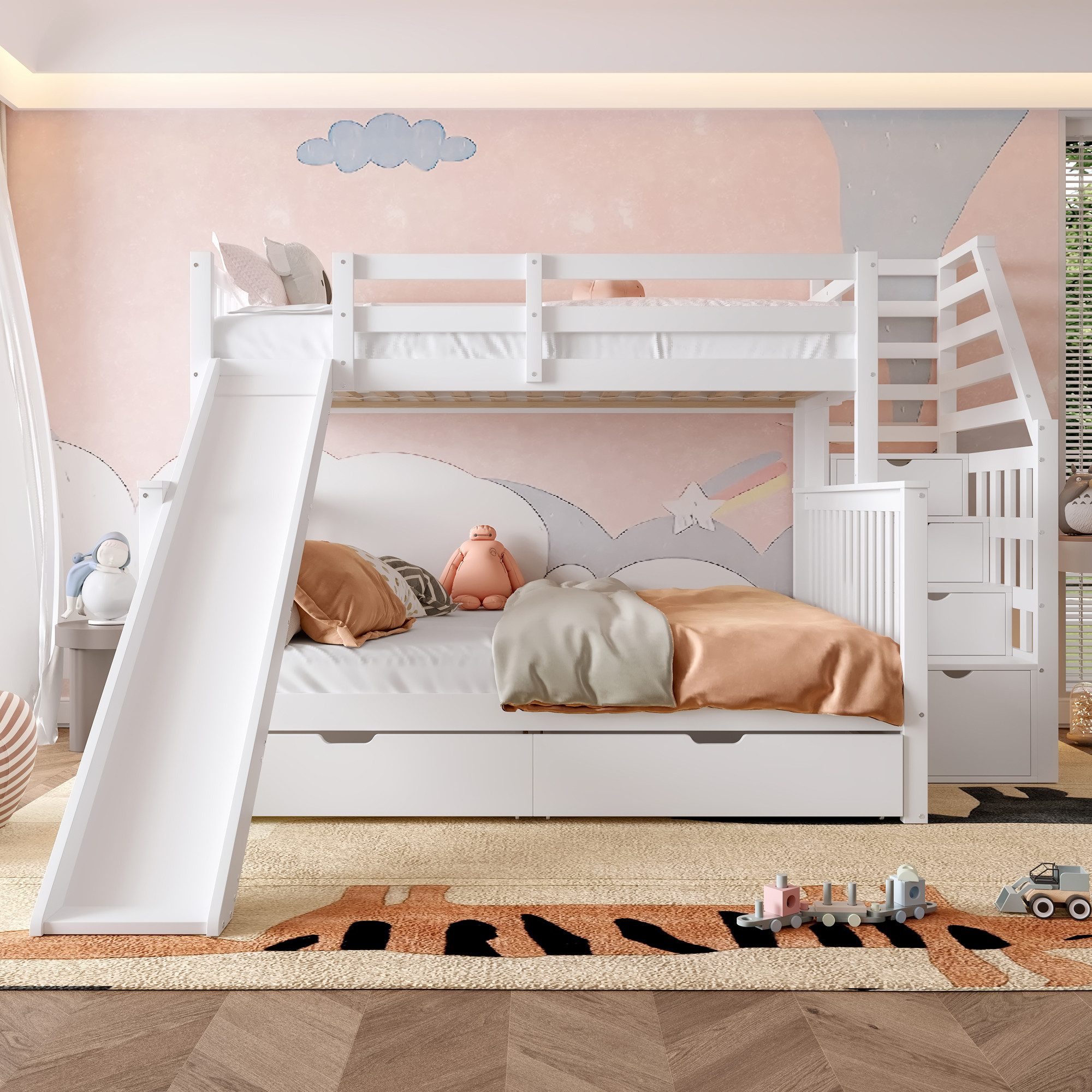 Flieks Etagenbett, Kiefer Kinderbett mit Rutsche & Schubladen 90x200cm+140x200cm