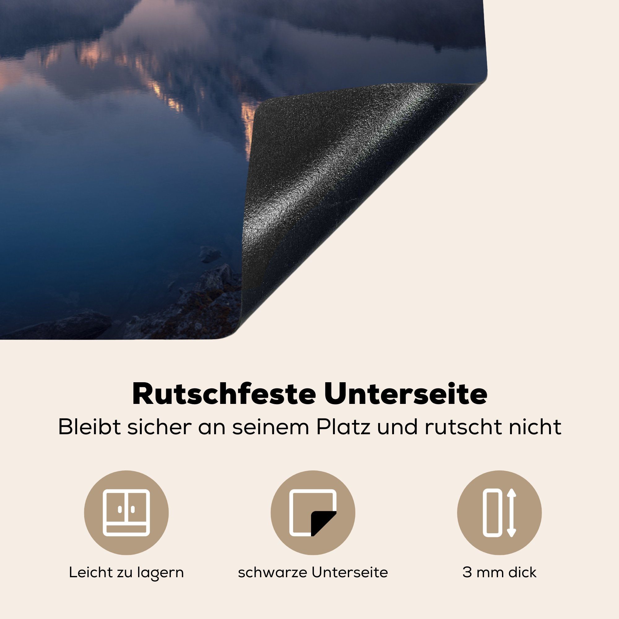 tlg), küche, MuchoWow Wasser Schutz - Sonnenuntergang, - die Herdblende-/Abdeckplatte Landschaft cm, - - Schnee Vinyl, 81x52 Ceranfeldabdeckung Induktionskochfeld Berg (1 für