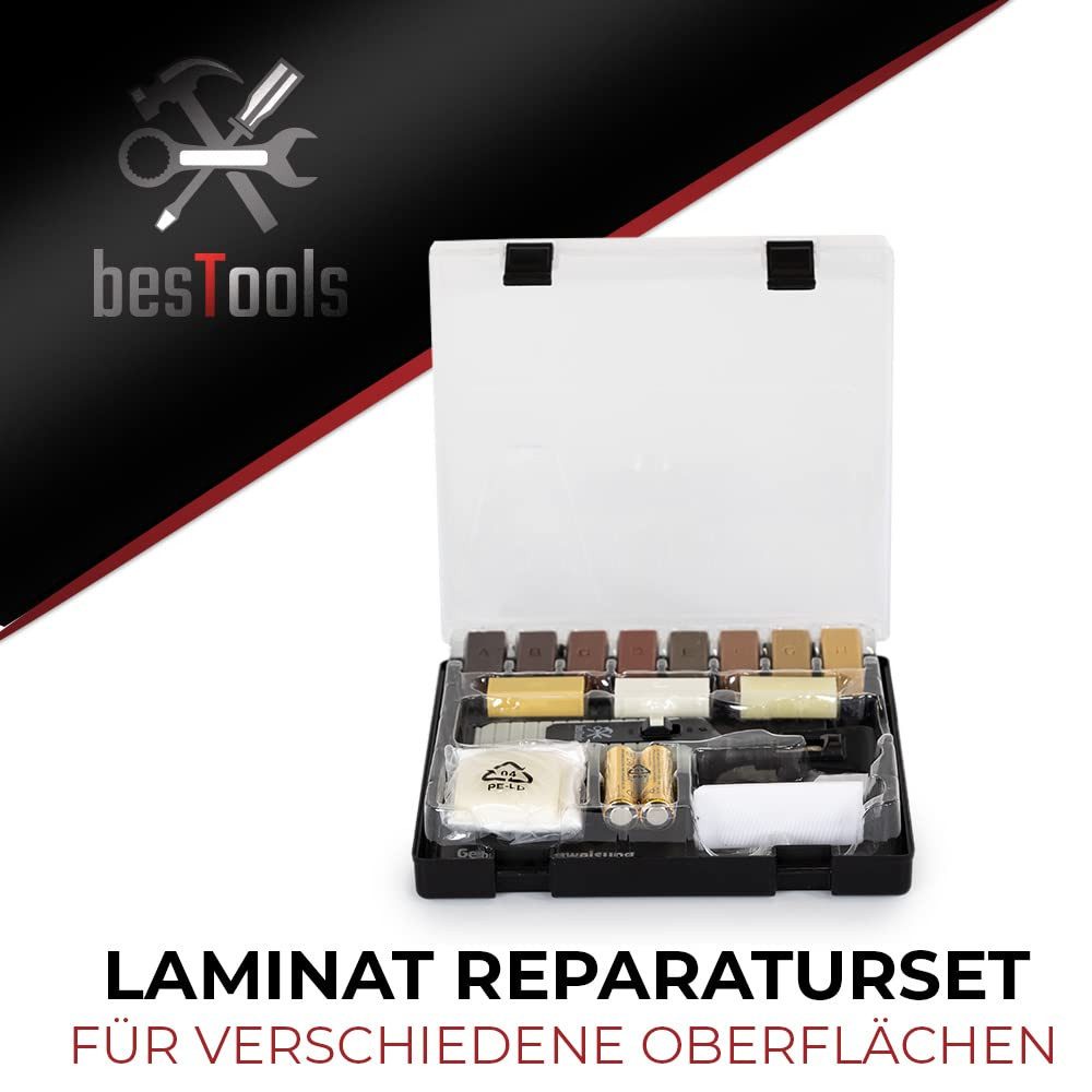 bestTools Schleifpapier Laminat Reparatur Set 16 Teile 11 Wachsfarben Wachsschmelzer, Für Laminat, Parkett & Möbel Kratzer einfach ausbessern