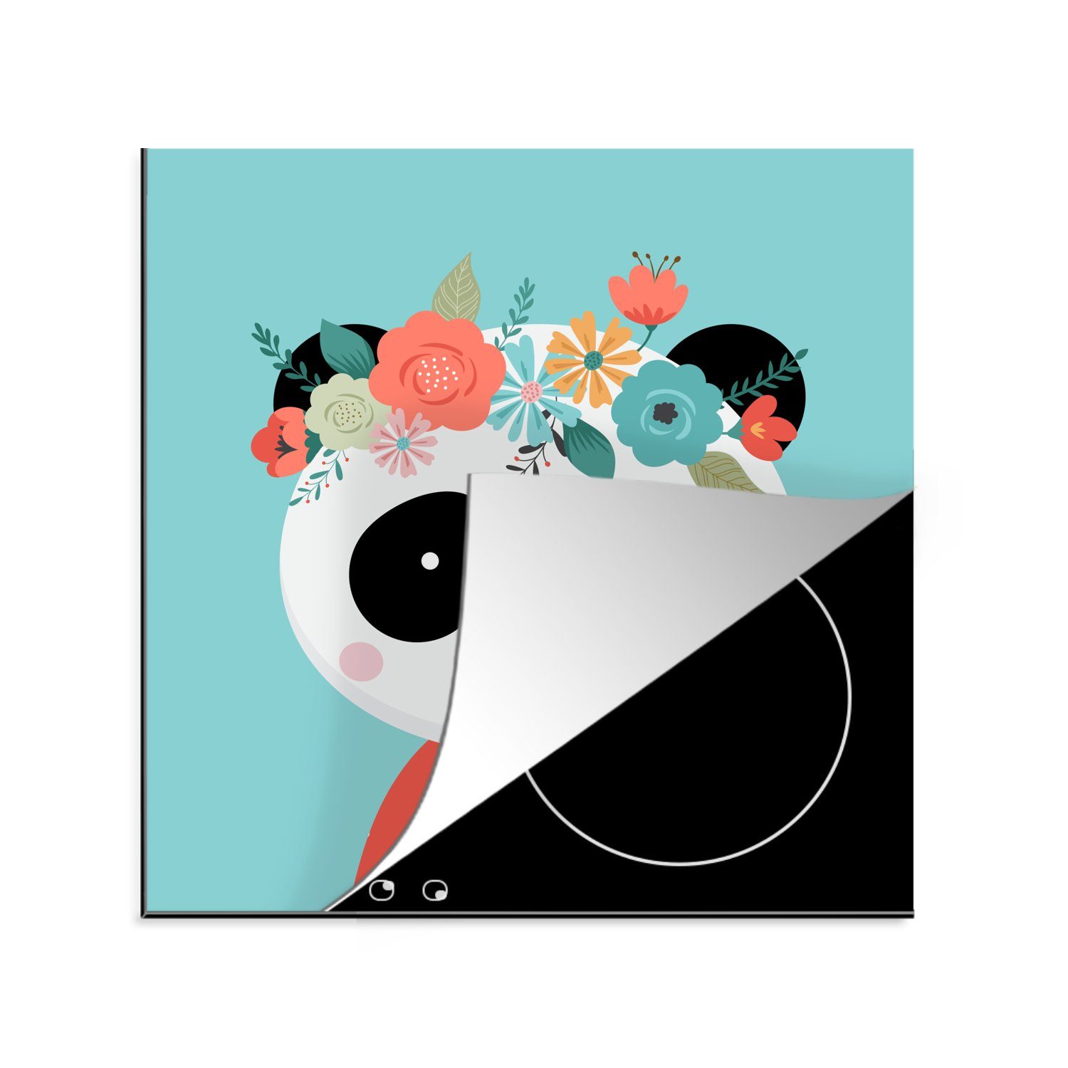 tlg), Blumen - - Tiere, 78x78 MuchoWow Arbeitsplatte (1 Ceranfeldabdeckung, Panda cm, Vinyl, Herdblende-/Abdeckplatte für küche