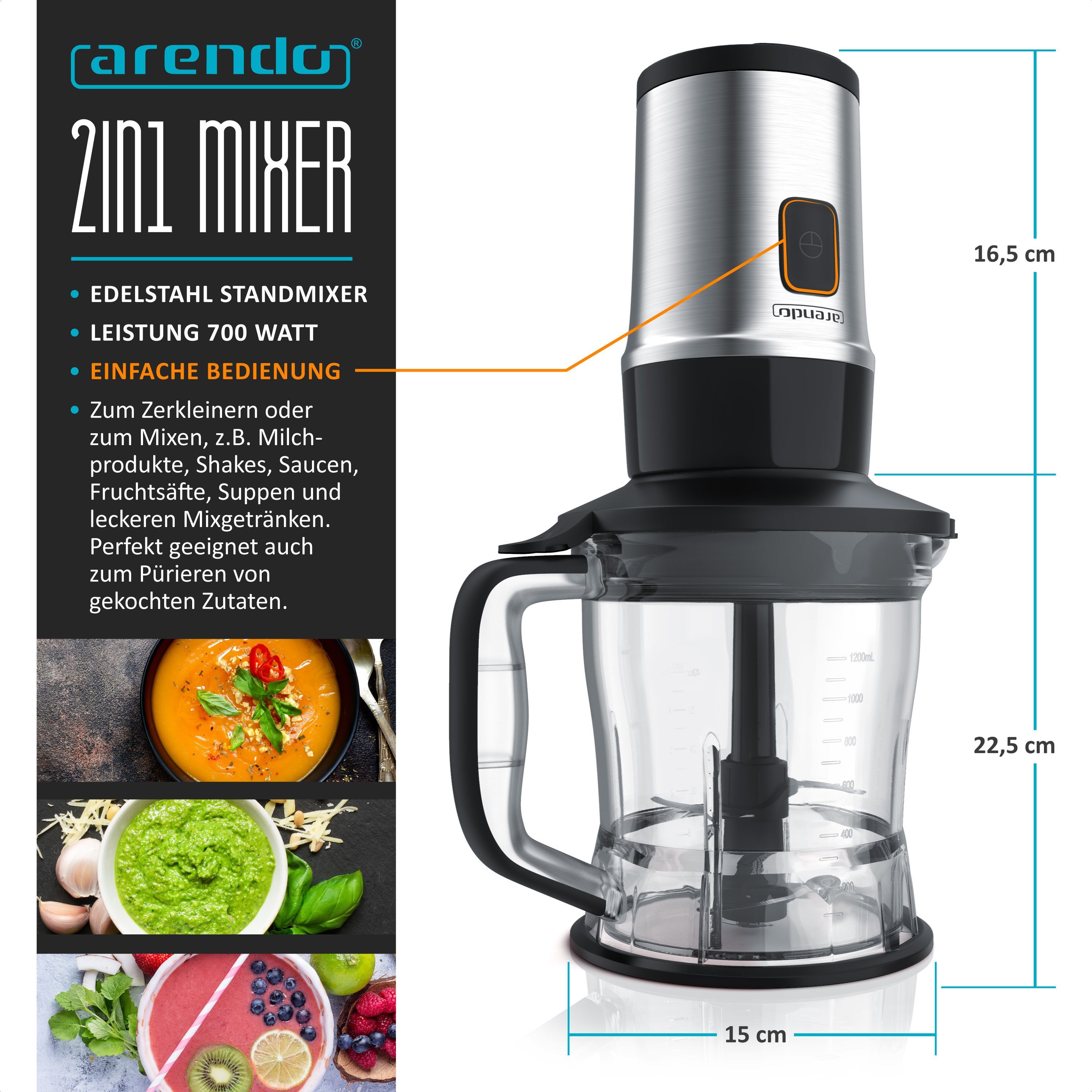 Arendo Standmixer Edelstahl Mixer & Zerkleinerer 1,2L 2IN1 inkl. 2x Mixbehälter je 0,57L, 700 W, Blender, Mix & Go Smoothie / Shake Mixer, Edelstahlmesser – Bild 4 von 5