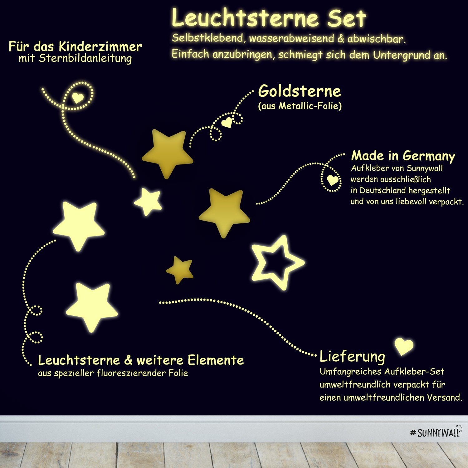 Sunnywall Wandtattoo Leuchtsterne Set, Leuchtsterne & Goldsterne (572 St), selbstklebend, leuchten im Dunkeln, rückstandslos entfernbar