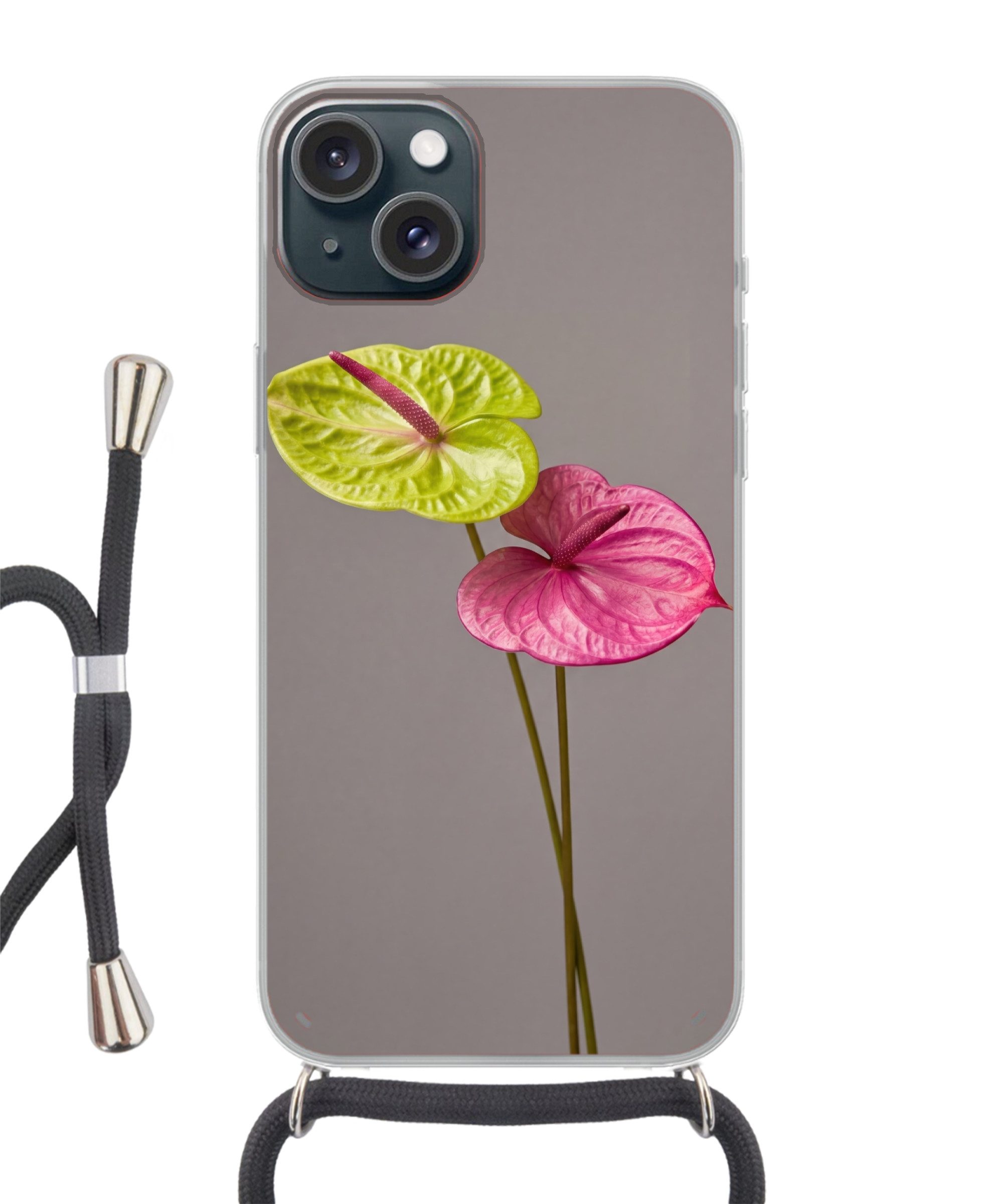 MuchoWow Handyhülle für Apple iPhone 15 Pflanzen - Anthurium - Grün - Rosa, Tragbare Handyhüllen mit Kette zum umhängen, Handykette Handyband