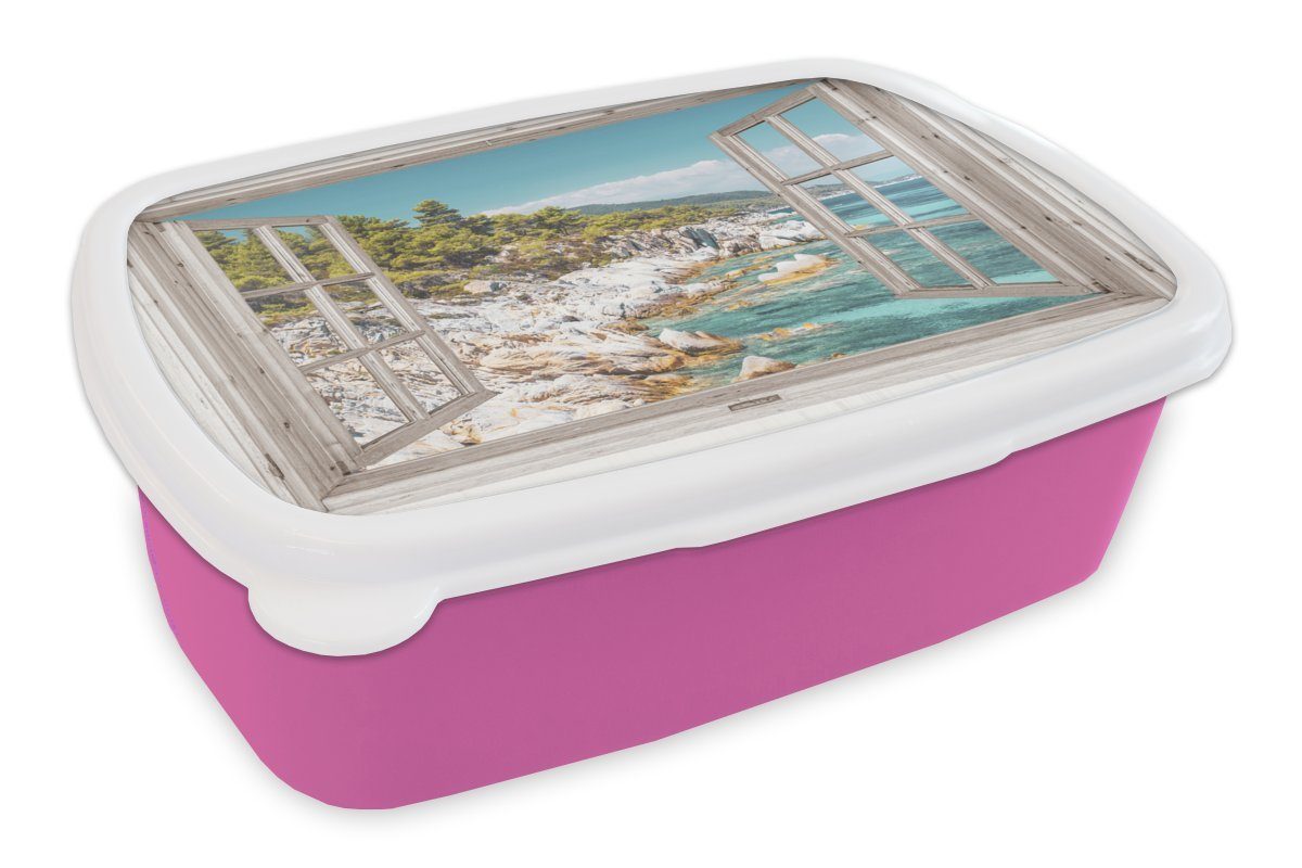 MuchoWow Lunchbox Aussicht - Baum - Meer, Kunststoff, (2-tlg), Brotbox für Erwachsene, Brotdose Kinder, Snackbox, Mädchen, Kunststoff rosa