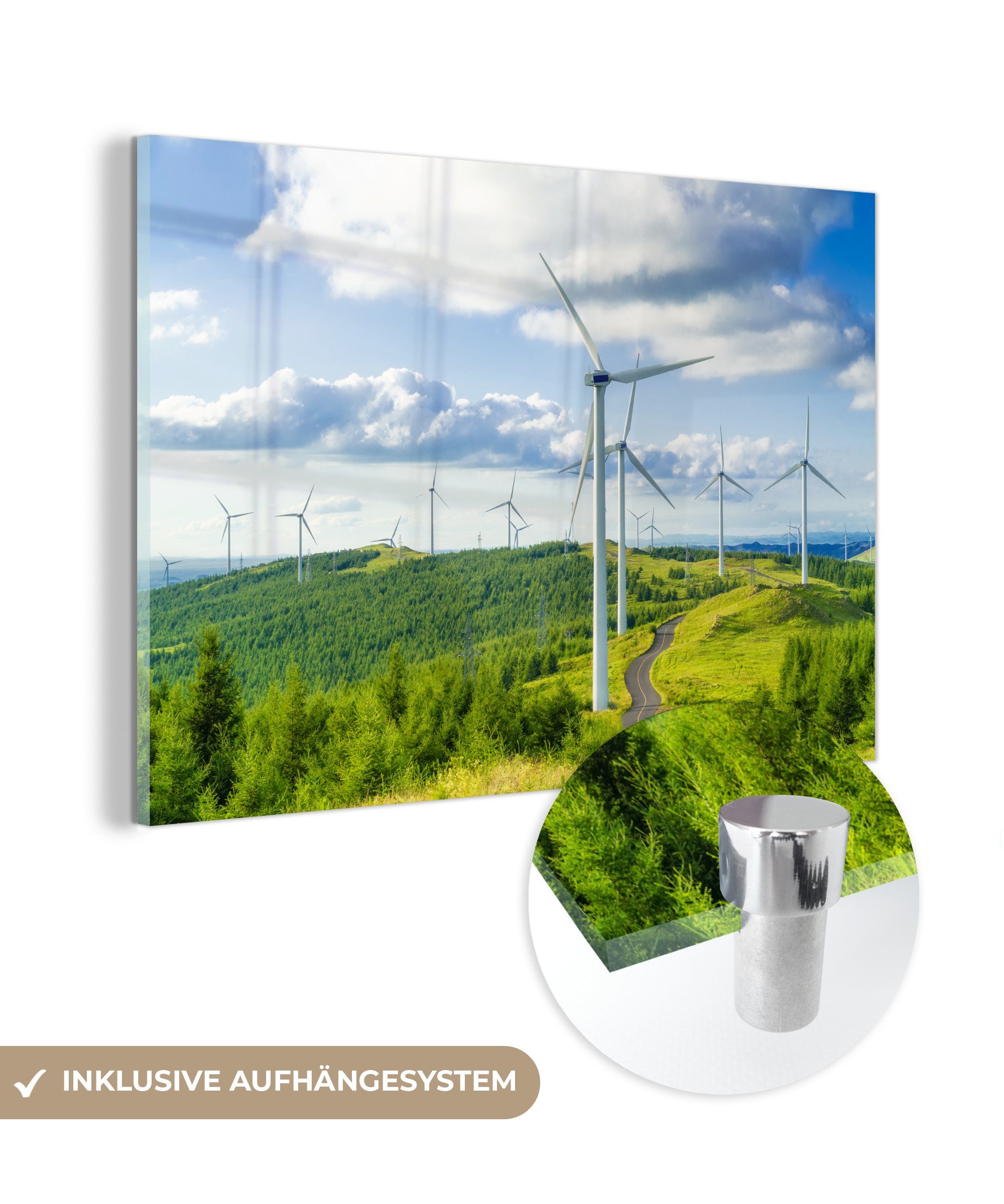 MuchoWow Acrylglasbild Ein Feld von Windmühlen in grüner Natur, (1 St), Acrylglasbilder Wohnzimmer & Schlafzimmer