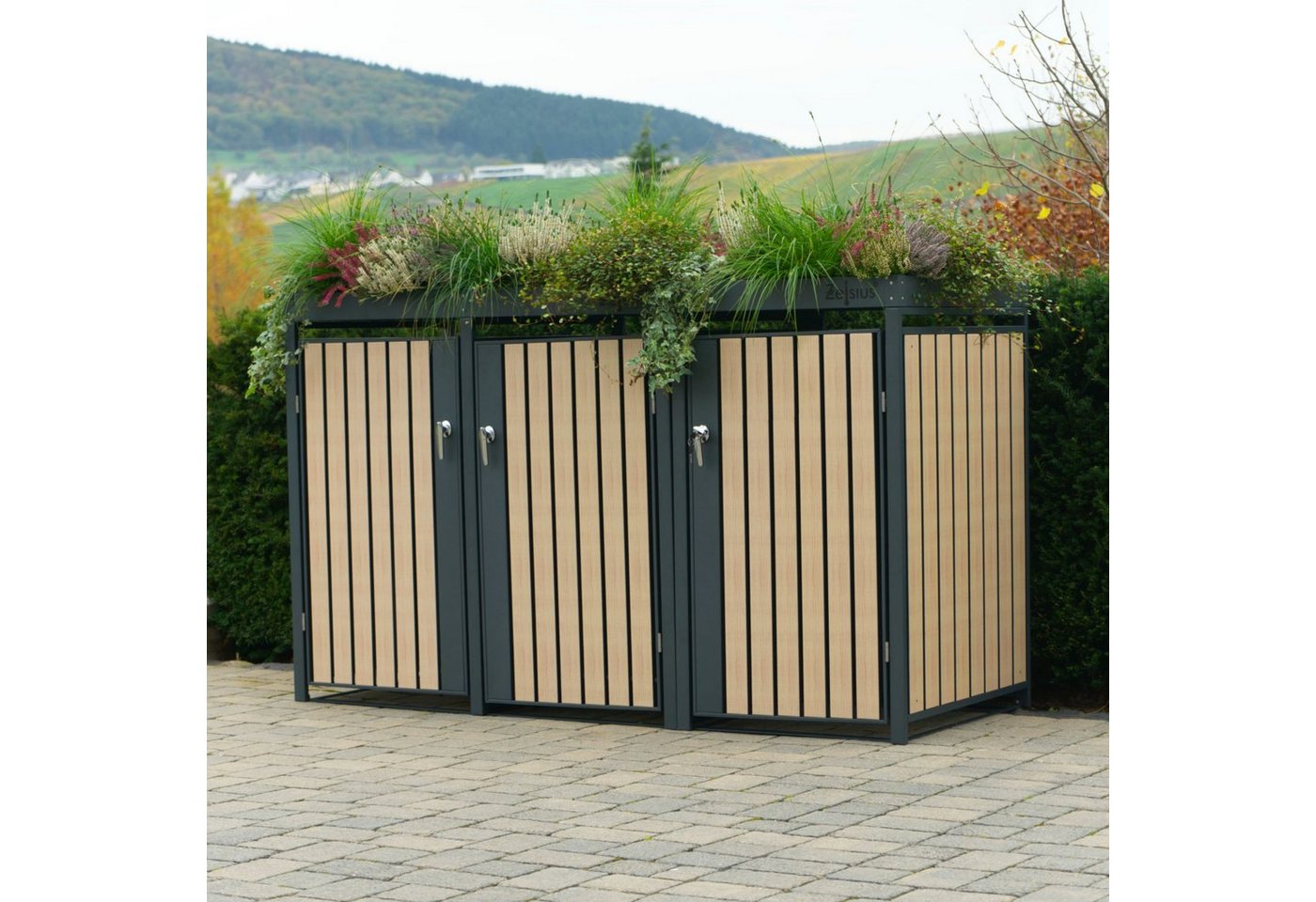 Thumbnail - Zelsius Mülltonnenbox mit Pflanzdach für 3 Tonnen, 120 - 240 Liter, RAL 7016, Tür Holzoptik