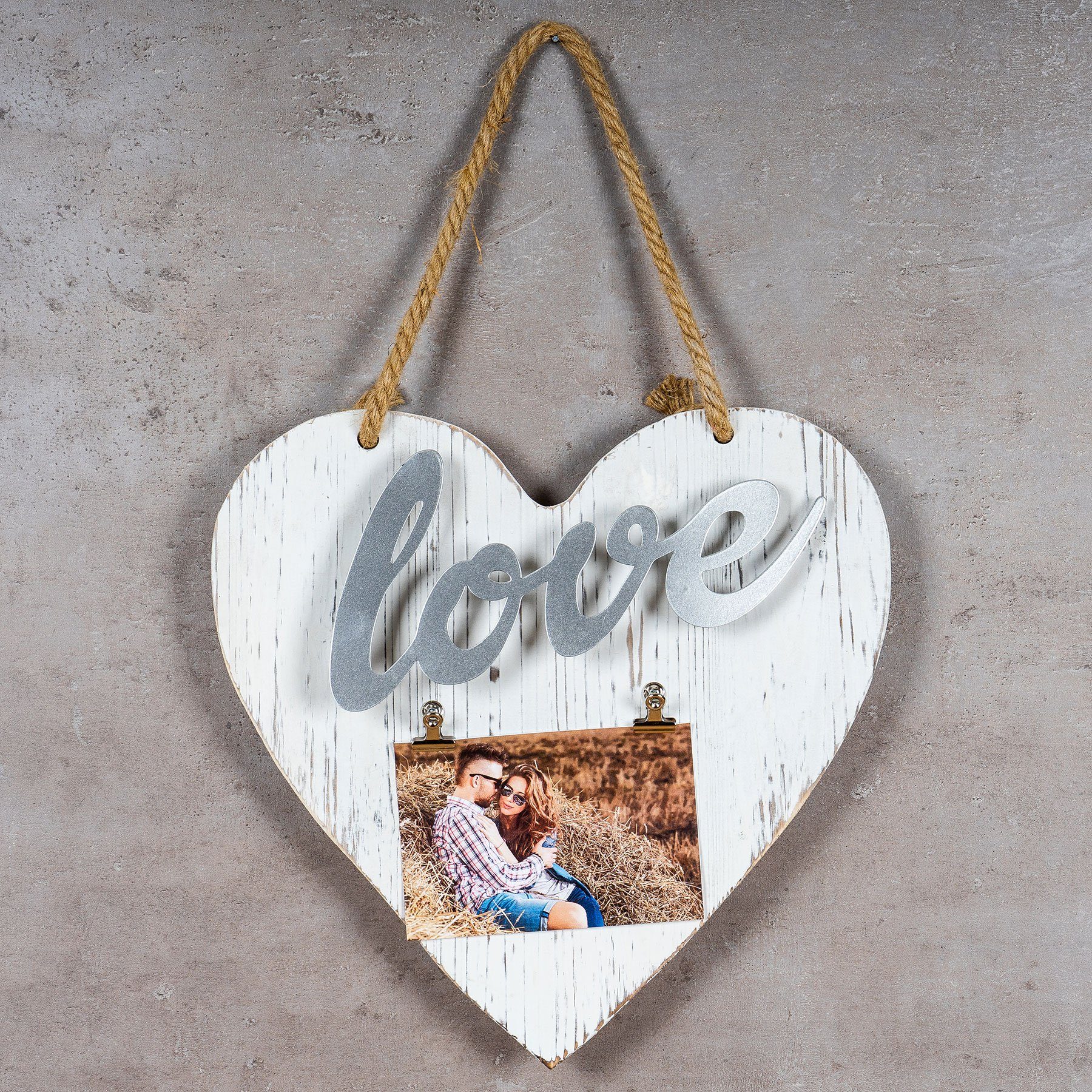Levandeo® Bilderrahmen, Bilderrahmen 10x15 Klammern Herz Silber Weiß Love Vintage Shabby