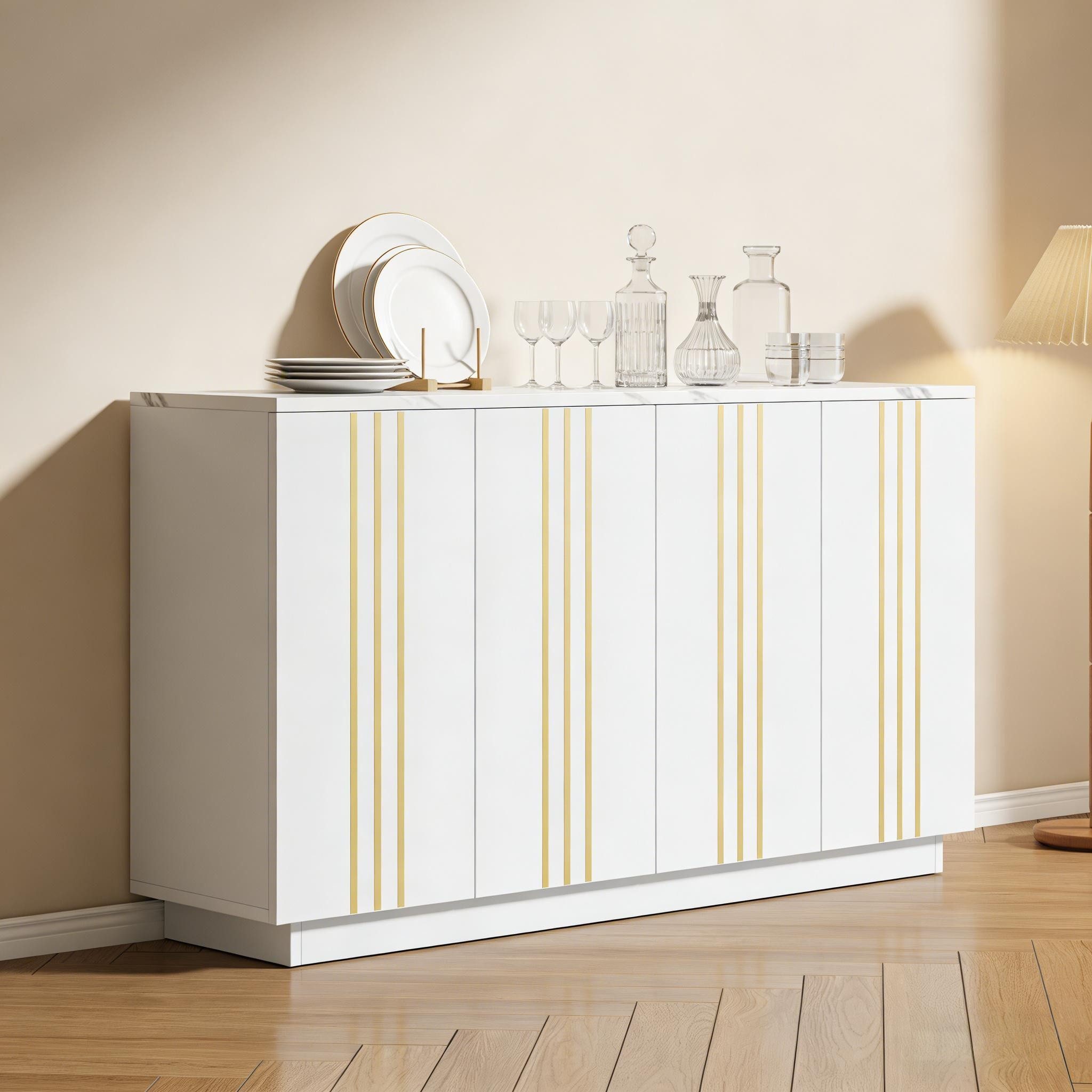 STILVORA Sideboard Aufbewahrungsschrank mit verstellbaren Trennwänden für Wohn- & Schlaf- (Sideboard mit 4 Türen, goldene Linien,modern, Spanplatte, stabil, kratzfest, 140×35×70cm, belastbar), für Wohnzimmer, Schlafzimmer, Flur, Aufbewahrung, Dekor
