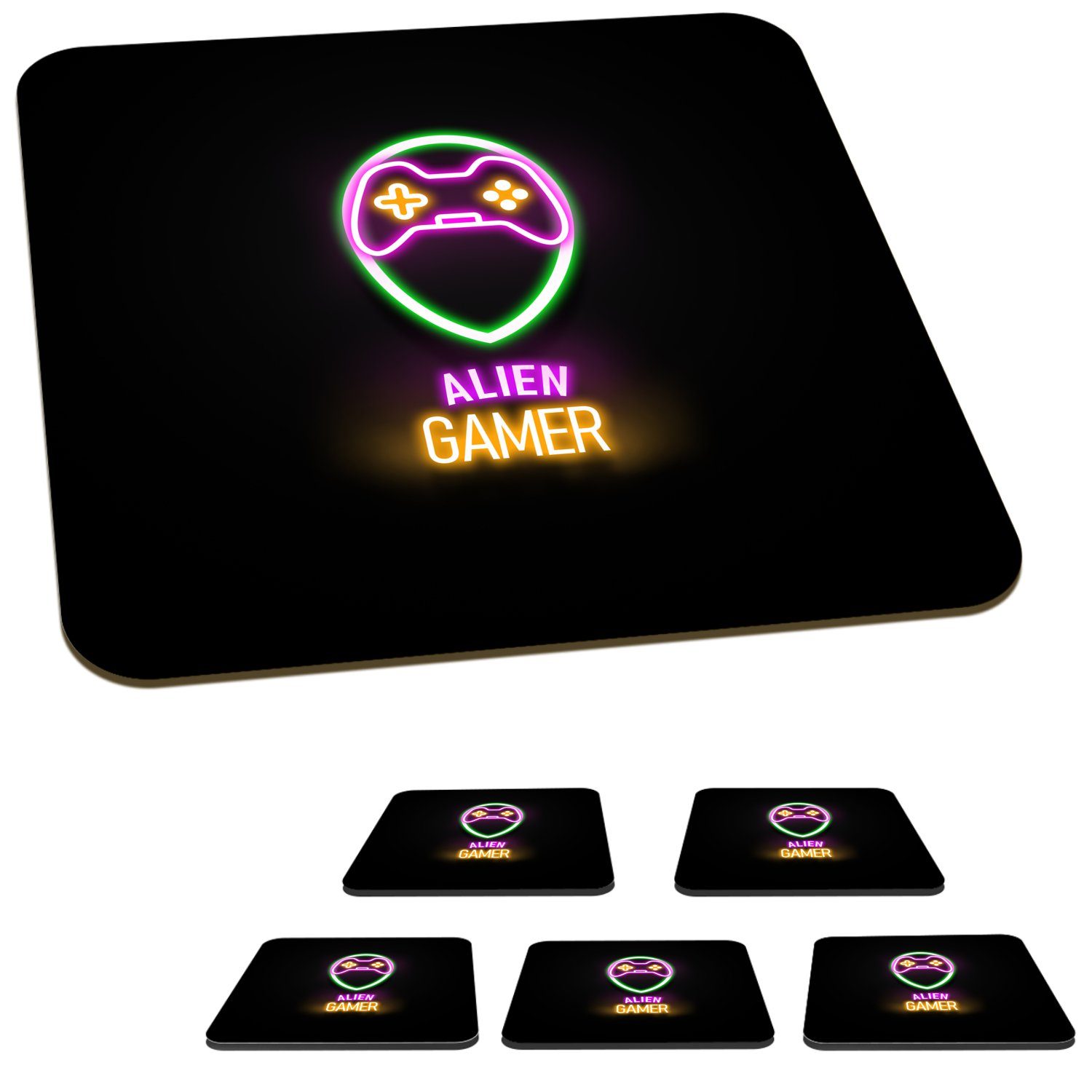 Alien-Gamer MuchoWow für - - Gaming - Zubehör Gläser, 6-tlg., Tischuntersetzer, Tasse - Zitate Untersetzer, Glasuntersetzer Glasuntersetzer, Korkuntersetzer, Controller, Neon