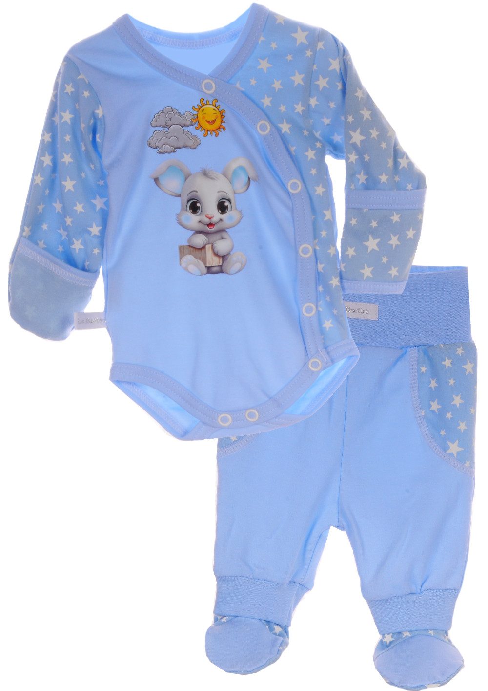 Body & Hose Baby Set Wickelbody Schlupfhose in Blau mit Sternen und Hasen