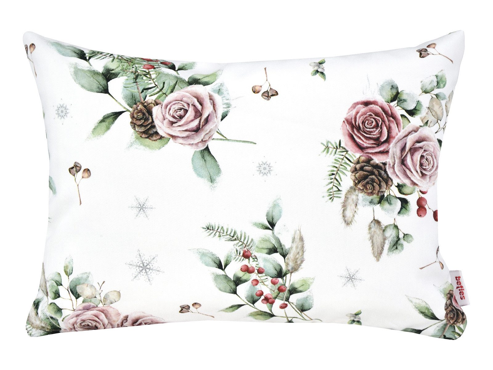 beties Kissenbezug Magie des Winters Frost-Rose, (1 Stück), mit Rosen, Kiefernzapfen und Zweigen