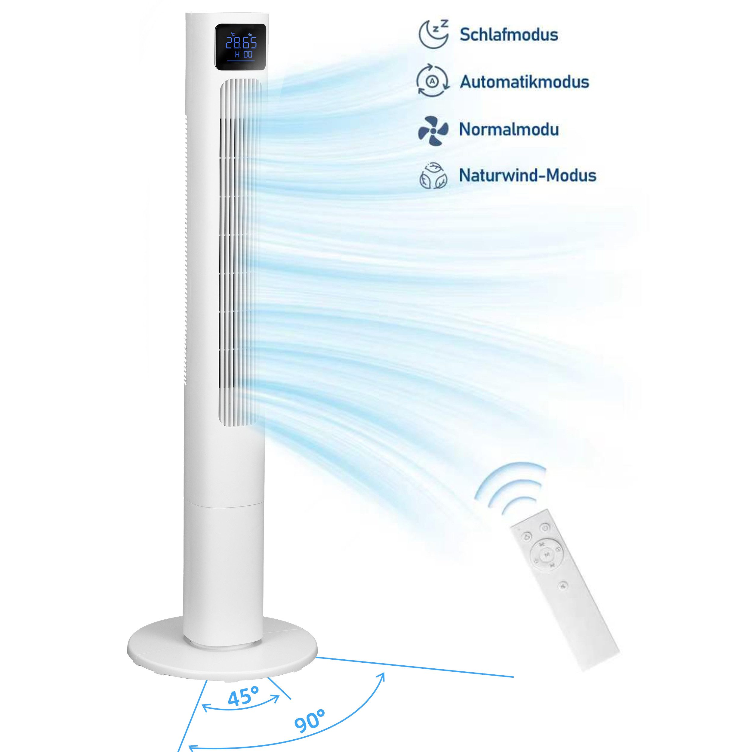Vankel Turmventilator leise, schlanker Ventilator für Wohnzimmer, Büro & Schlafzimmer, Temperatur- & Feuchteanzeige, Smart-Modus, 12h Timer & Fernbedienung