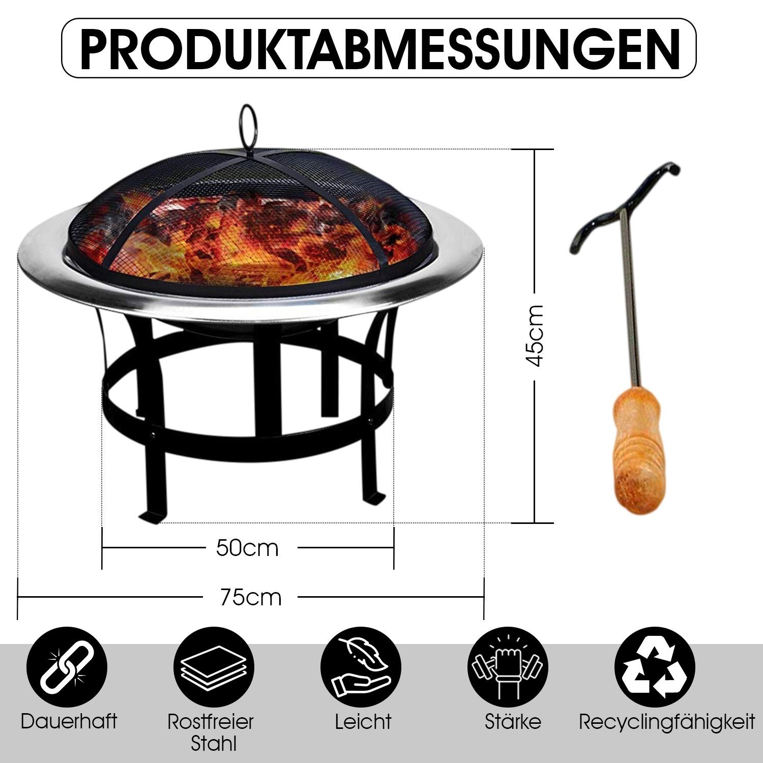 BBQ, Feuerhaken Edelstahl Ø (Set), Feuerstelle Grill 75cm Feuerschale 75cm Defactoshop Ø Funkenfluggitter