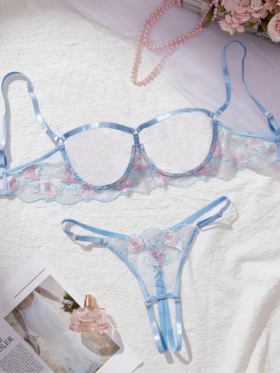 Elegant Love Set: Ouvert-BH Dessous-Set – Reizwäsche aus Spitze mit floraler Stickerei & String (Set, 2-tlg., mit Ouvert-Tanga) Lingerie-Set – Bügel-BH mit offe – Bild 2 von 5