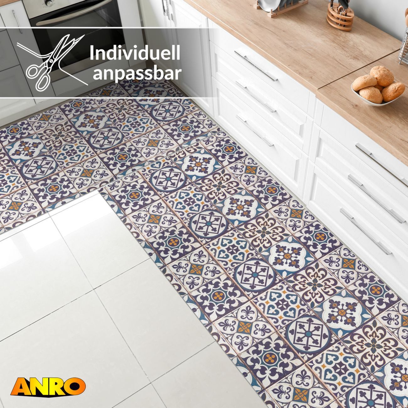 ANRO Küchenläufer abwaschbar Arabesk LADY Läufer stark pflegeleicht Küchenteppich, Rechteckig, Höhe: 3 mm, robust schmutzabweisend 67x100cm Boho Blau robust – Bild 4 von 5