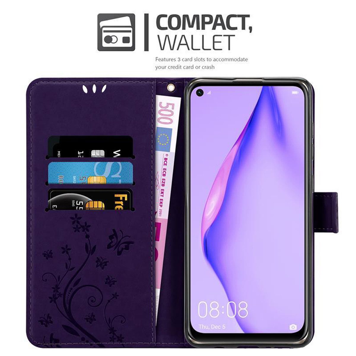 Cadorabo Handyhülle für Huawei NOVA 6 SE / P40 LITE / NOVA 7i Hülle Huawei NOVA 6 SE / P40 LITE / NOVA 7i, Hülle Schutzhülle Blumen Flower mit Standfunktion Kartenfach Magnet