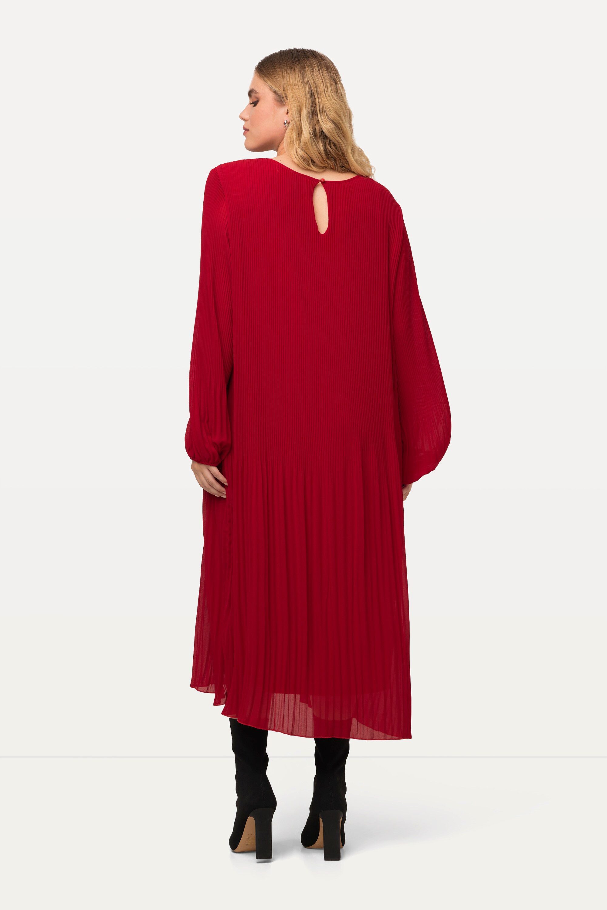 Ulla Popken Midikleid Plissee-Midikleid A-Linie Rundhals Langarm
