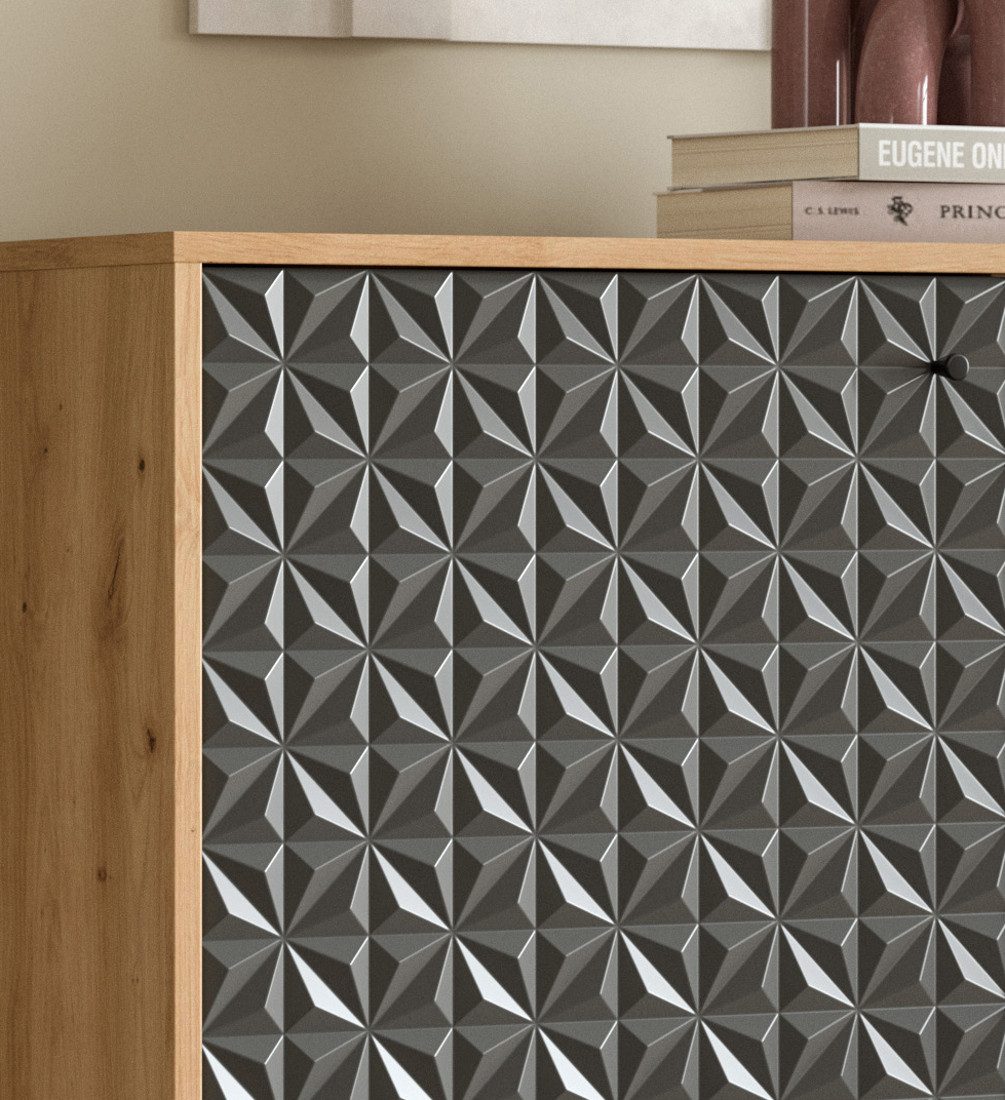 Furn.Design Lowboard Relief (Flat-TV Unterschrank in Grau und Eiche Artisan, 164 x 56 cm), mit Vollauszug