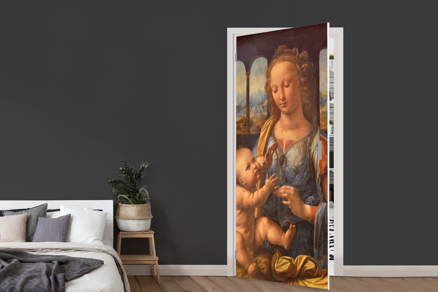 Vinci, bedruckt, Türaufkleber, mit Türtapete da für 75x205 Madonna Nelke Leonardo MuchoWow Matt, (1 Tür, cm St), - der Fototapete