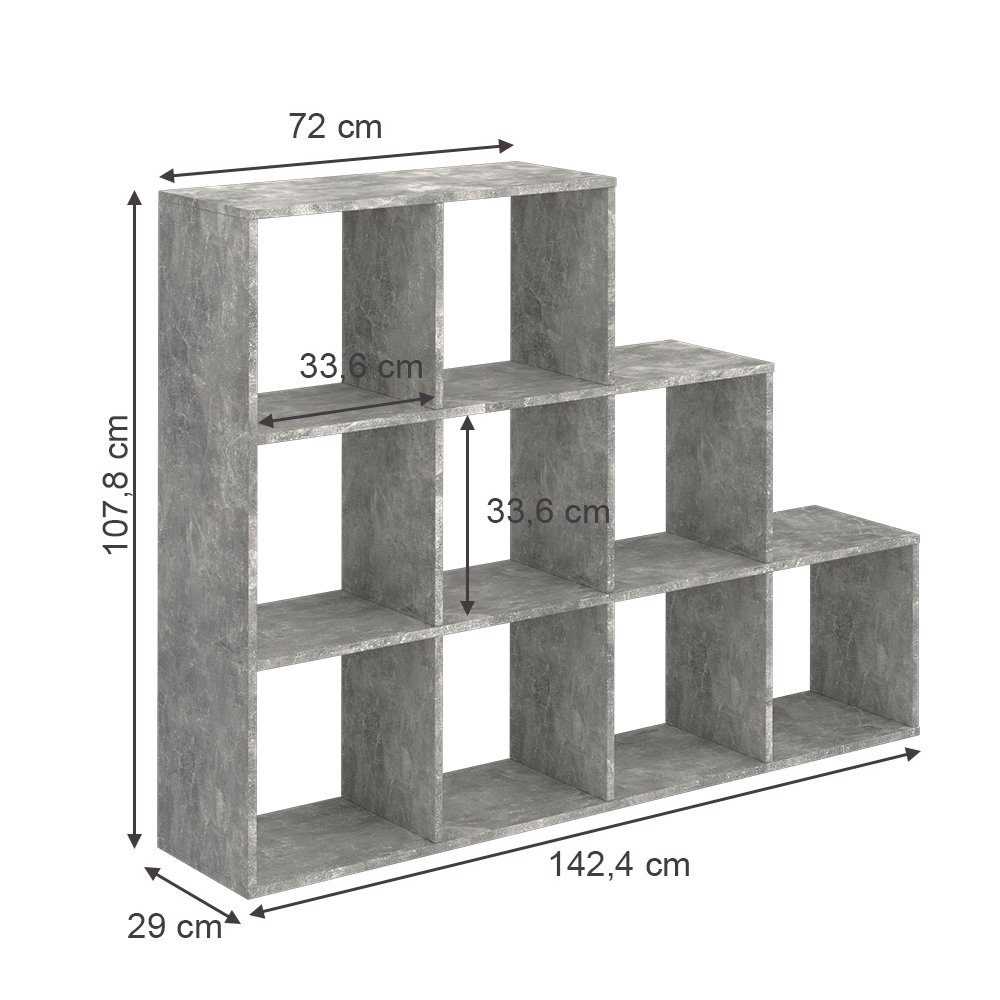 Vicco Bücherregal Treppenregal grau | Raumteiler Beton grau Fächer 9