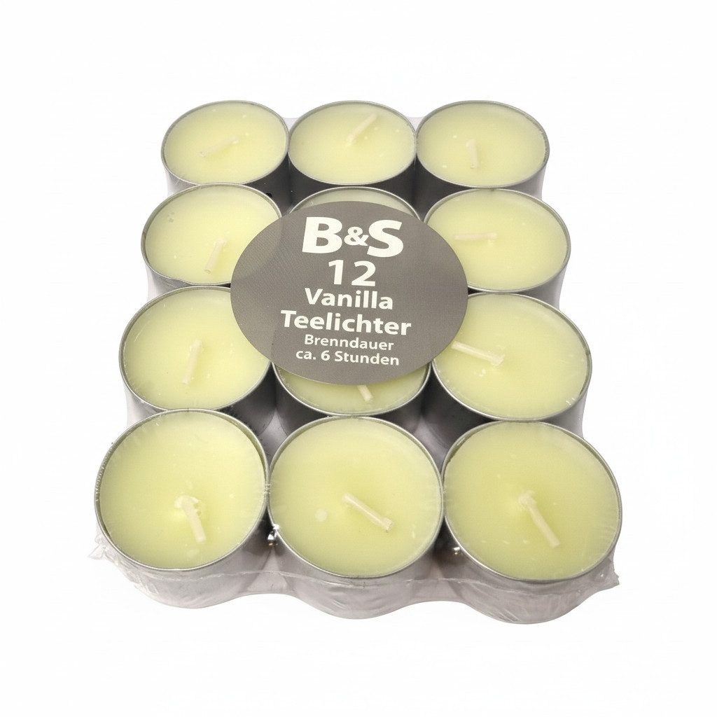 B&S Teelicht 12 Duft Teelichter Vanille/ H 2,4 x Ø 3,7 cm / 6 Stunden (1-tlg)