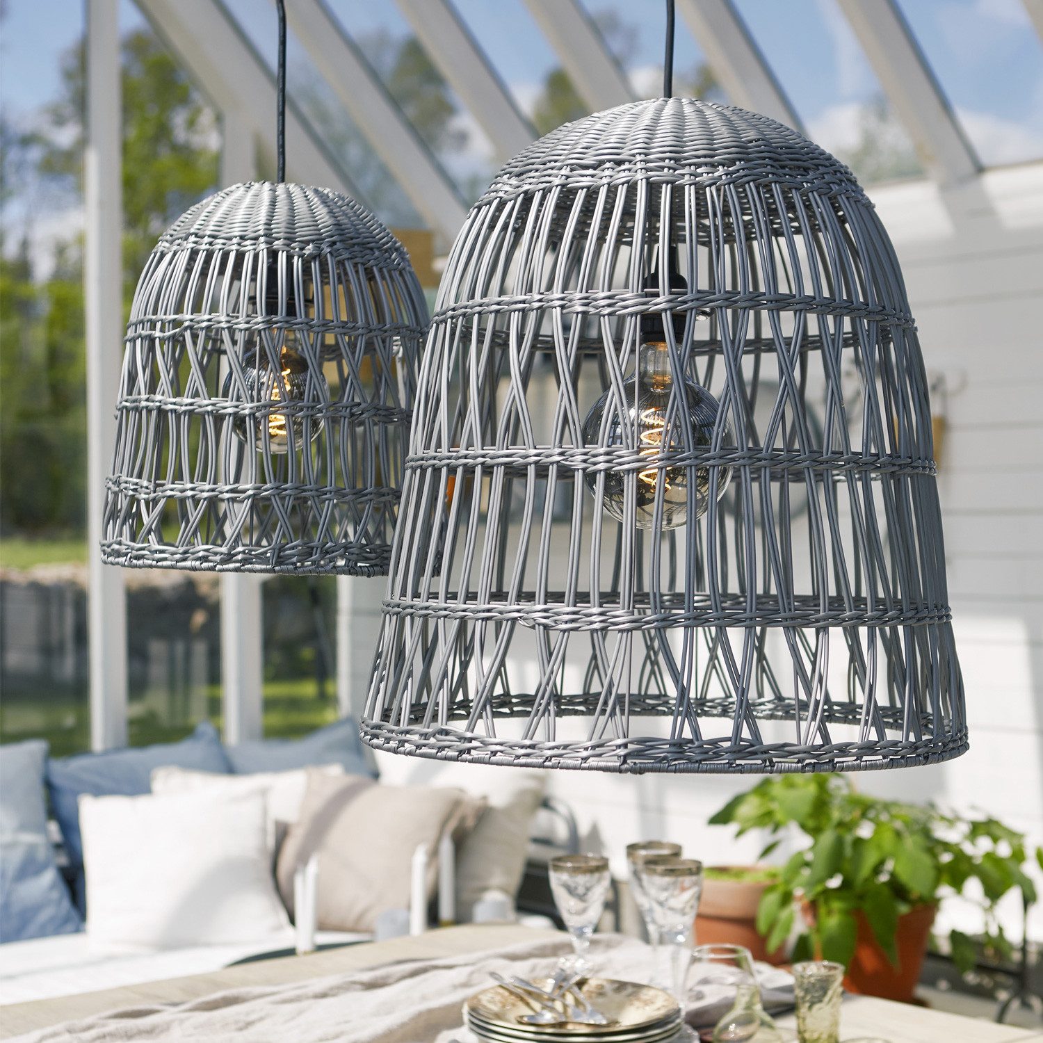 STAR TRADING Lampenschirm Lampenschirm Rattanstil KNUTE wetterfest Kunststoff grau D: 48cm