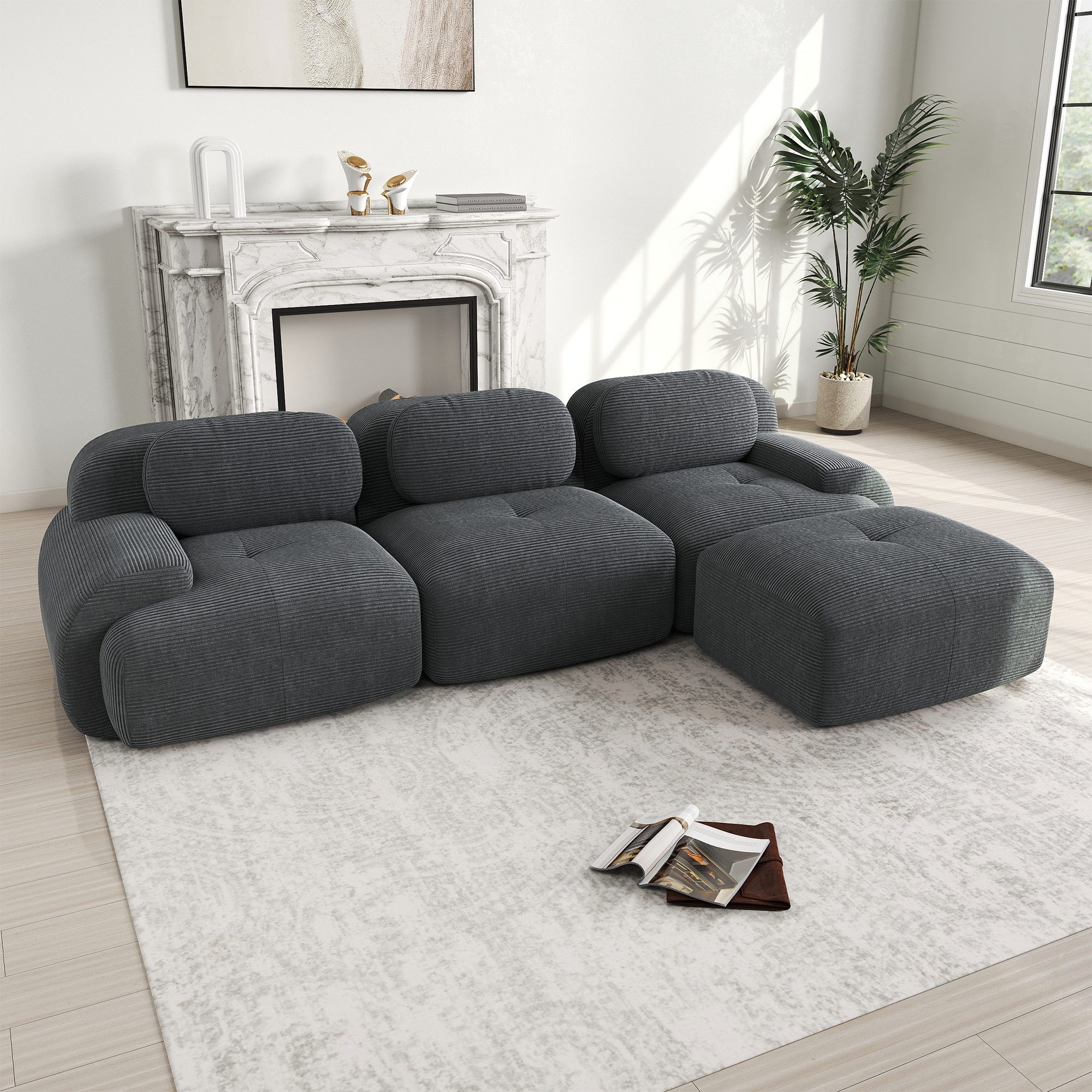 Leawin Sofa Modulares Cord-Ecksofa ohne Montage mit ergonomischen Armlehnen, Hochwertiges 3-Sitzer-Sofa mit 32D hochelastischer Polsterung