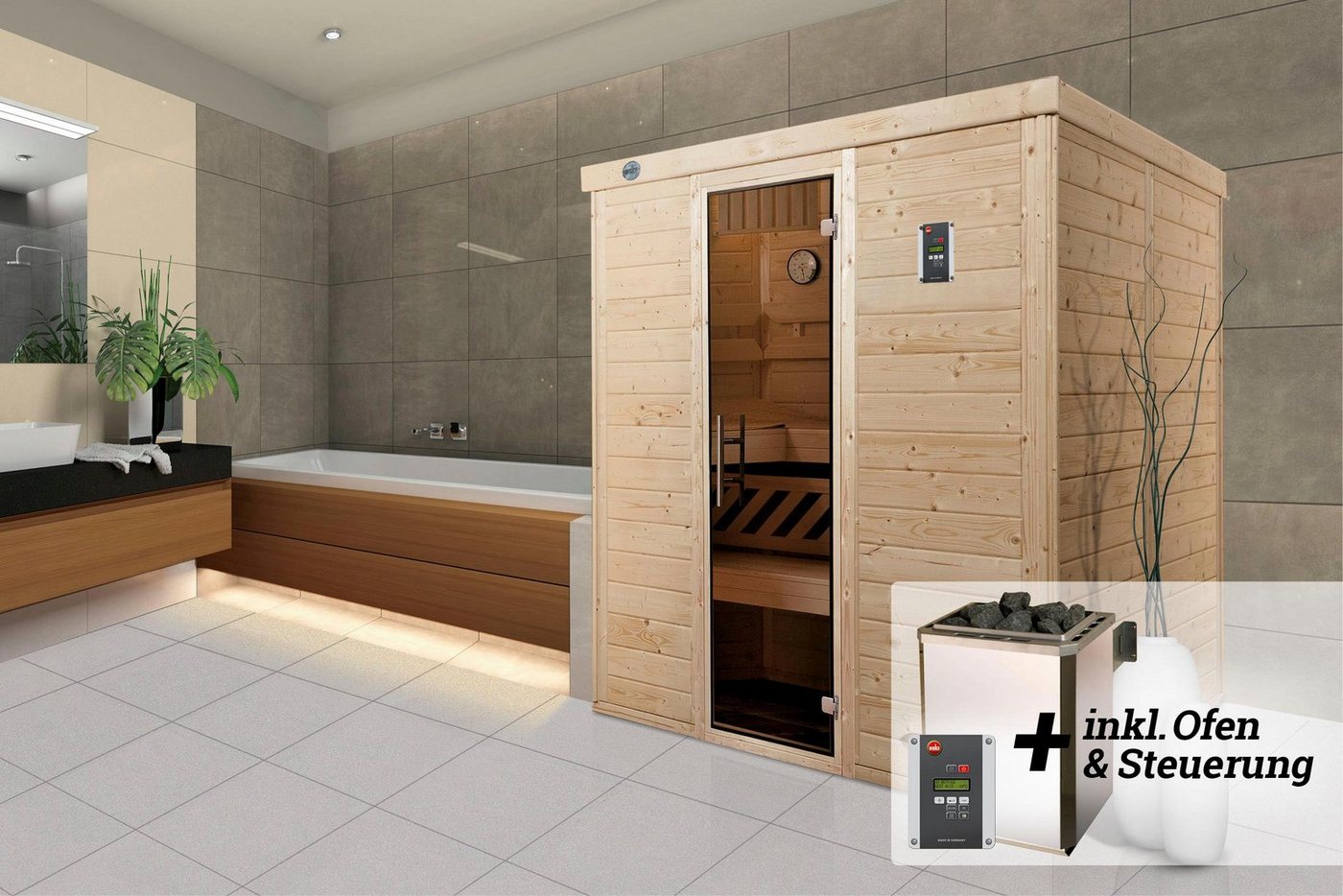 Thumbnail - weka Sauna Kemi, BxTxH: 195 x 145 x 200 cm, 45 mm, (Set) 7,5 kW-Ofen mit digitaler Steuerung