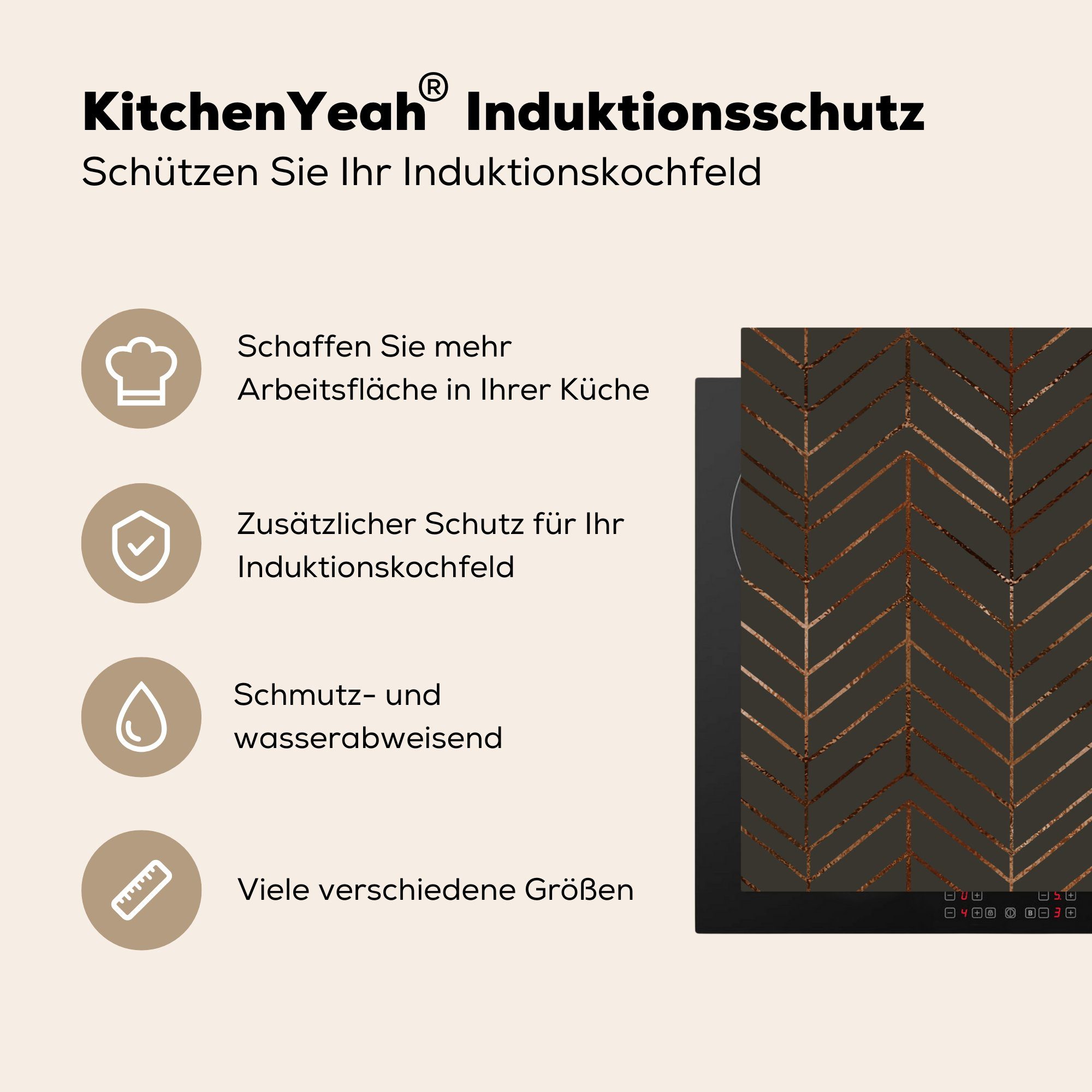 MuchoWow Herdblende-/Abdeckplatte die 81x52 Grau, Vinyl, tlg), (1 - küche, - für Ceranfeldabdeckung - cm, Schutz Luxus Muster Bronze Induktionskochfeld