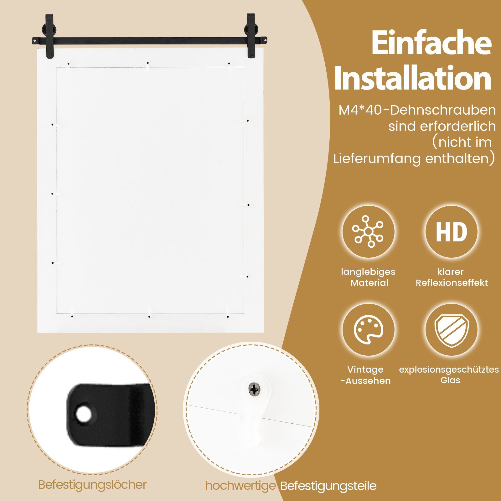 COSTWAY Holzrahmen 76,5x56cm und Weiß Dekospiegel, mit Metallhalterung,